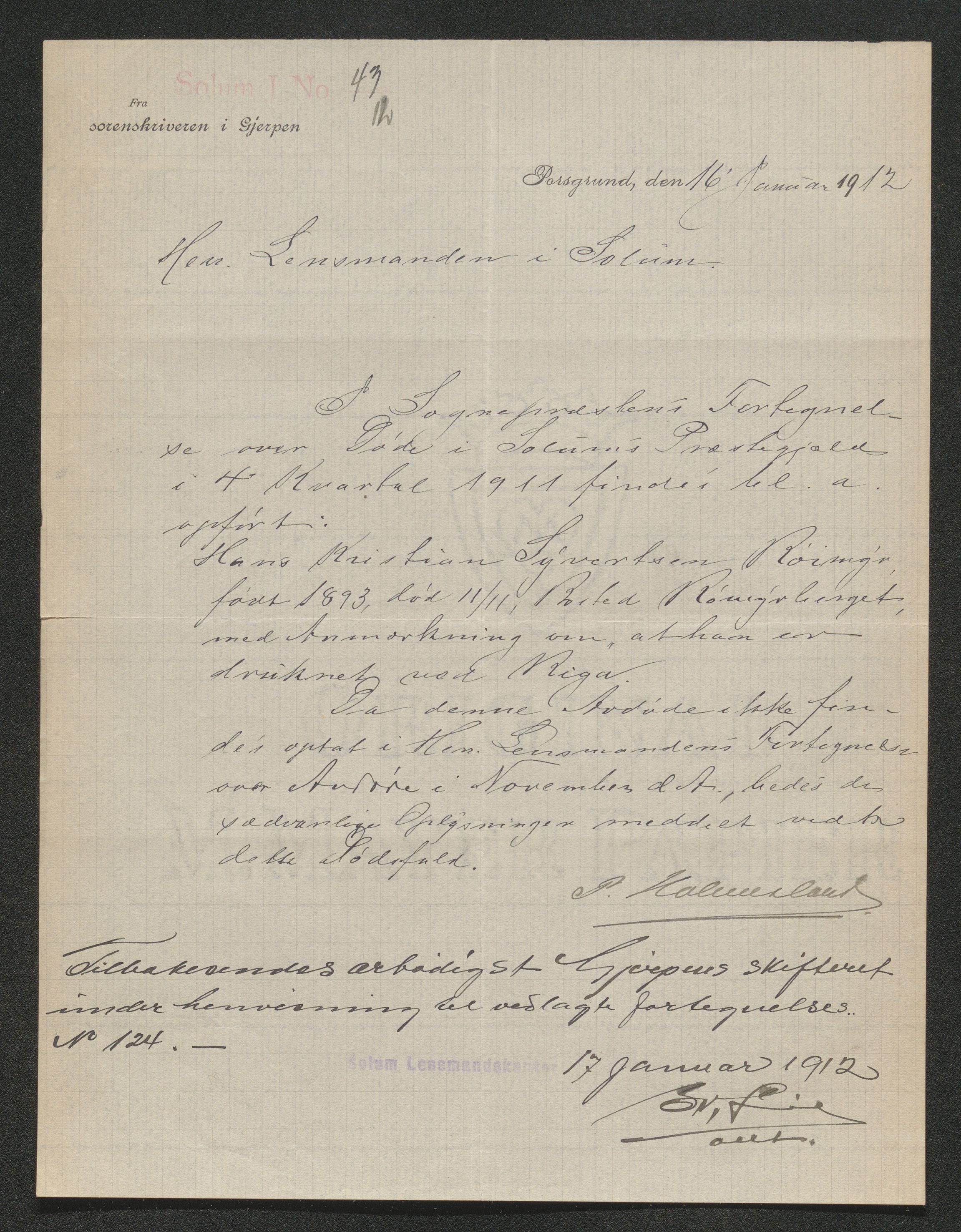 Gjerpen sorenskriveri, SAKO/A-216/H/Ha/Hab/L0007: Dødsfallsmeldinger, Solum, 1899-1915, p. 477