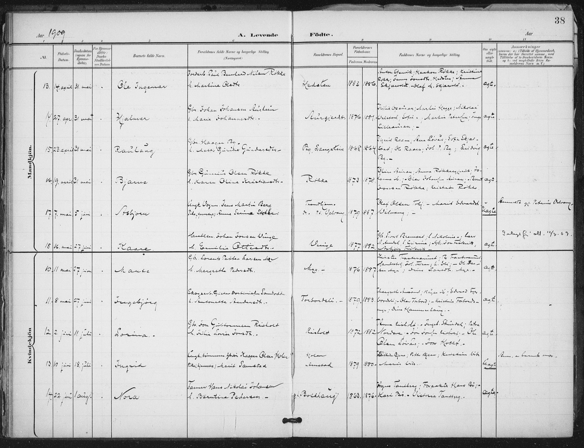 Ministerialprotokoller, klokkerbøker og fødselsregistre - Nord-Trøndelag, AV/SAT-A-1458/712/L0101: Parish register (official) no. 712A02, 1901-1916, p. 38