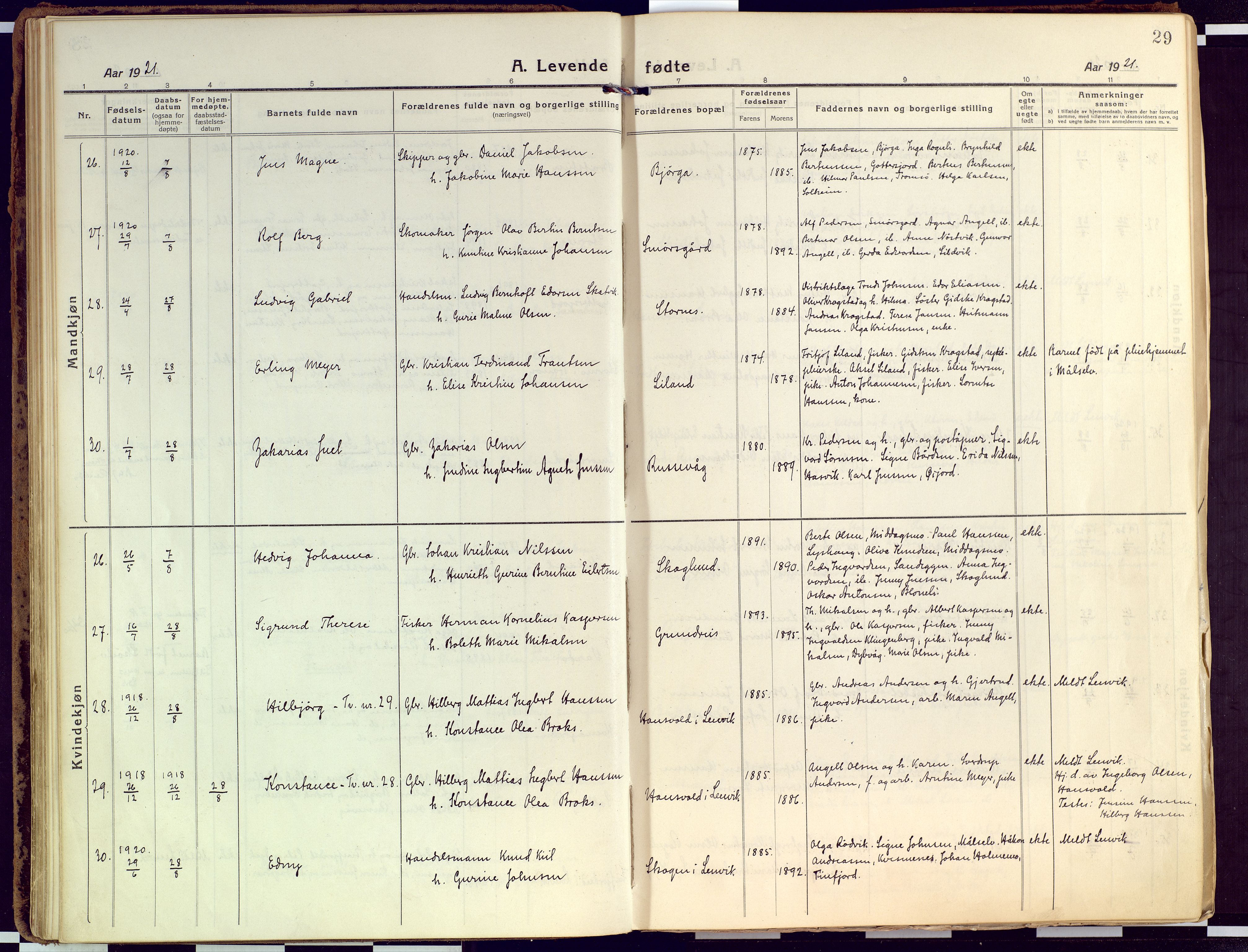 Tranøy sokneprestkontor, AV/SATØ-S-1313/I/Ia/Iaa/L0015kirke: Parish register (official) no. 15, 1919-1928, p. 29