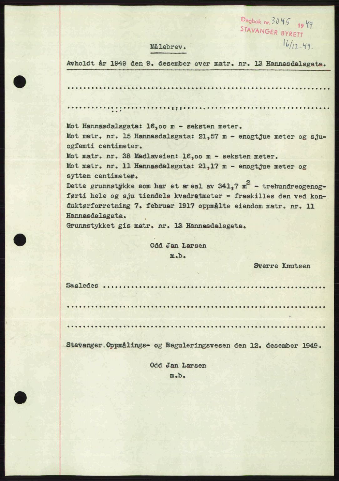 Stavanger byrett, SAST/A-100455/002/G/Gb/L0024: Mortgage book no. A13, 1949-1950, Diary no: : 3045/1949