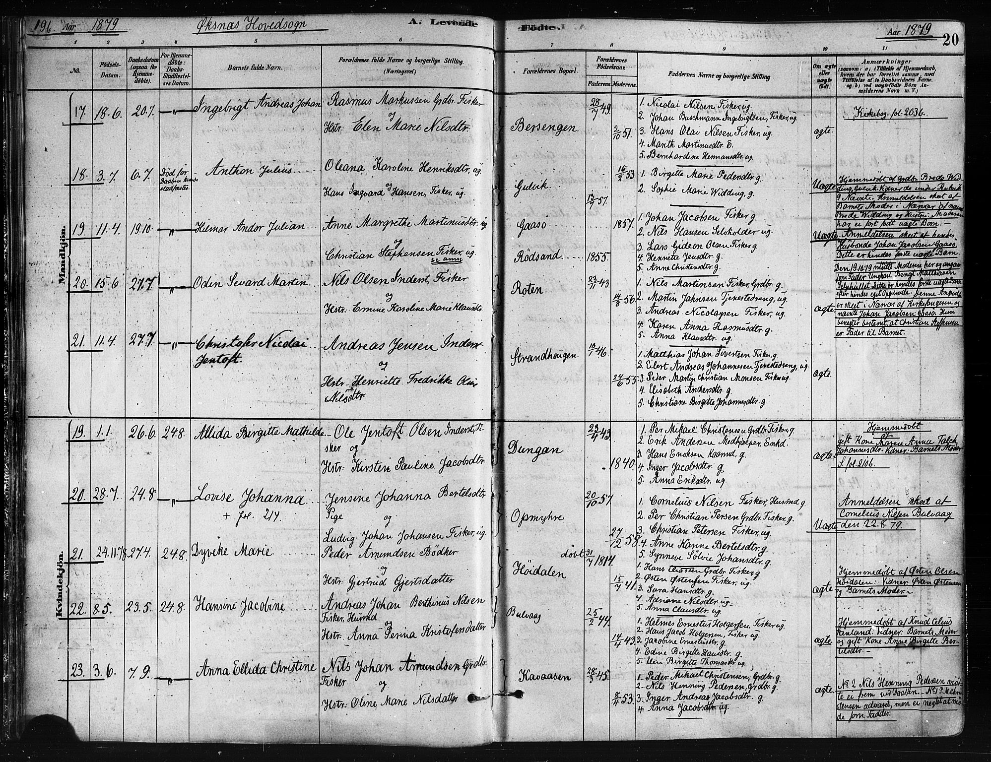 Ministerialprotokoller, klokkerbøker og fødselsregistre - Nordland, AV/SAT-A-1459/893/L1335: Parish register (official) no. 893A08 /1, 1878-1884, p. 20