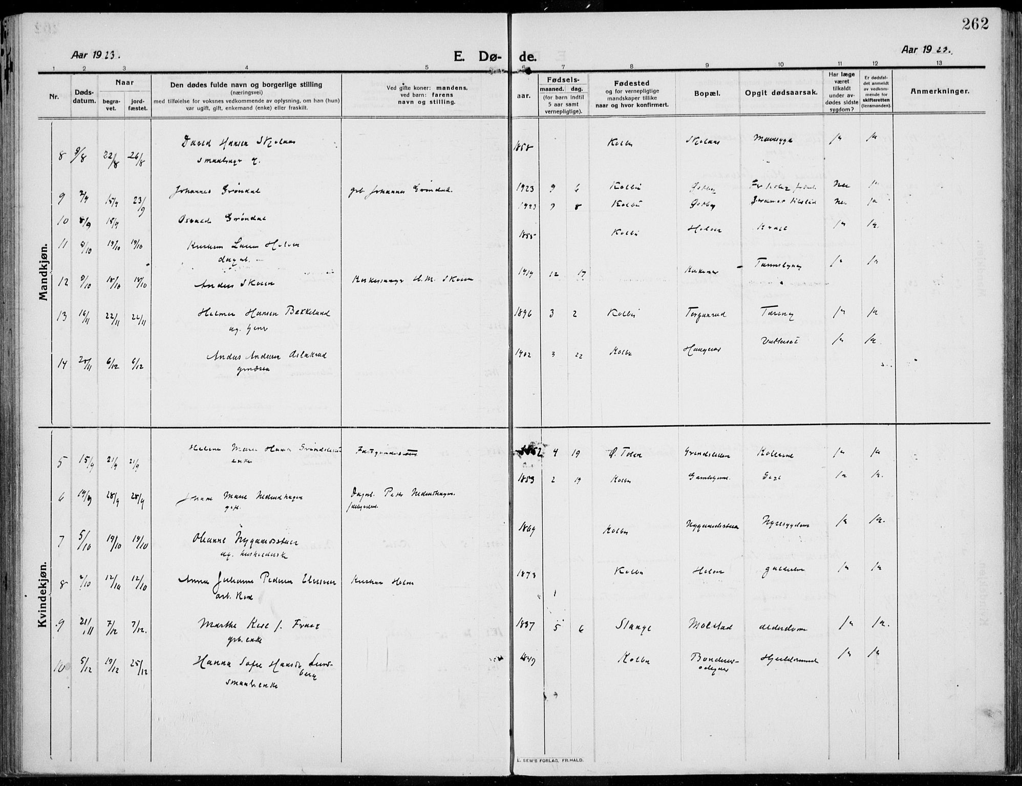 Kolbu prestekontor, SAH/PREST-110/H/Ha/Haa/L0002: Parish register (official) no. 2, 1912-1926, p. 262
