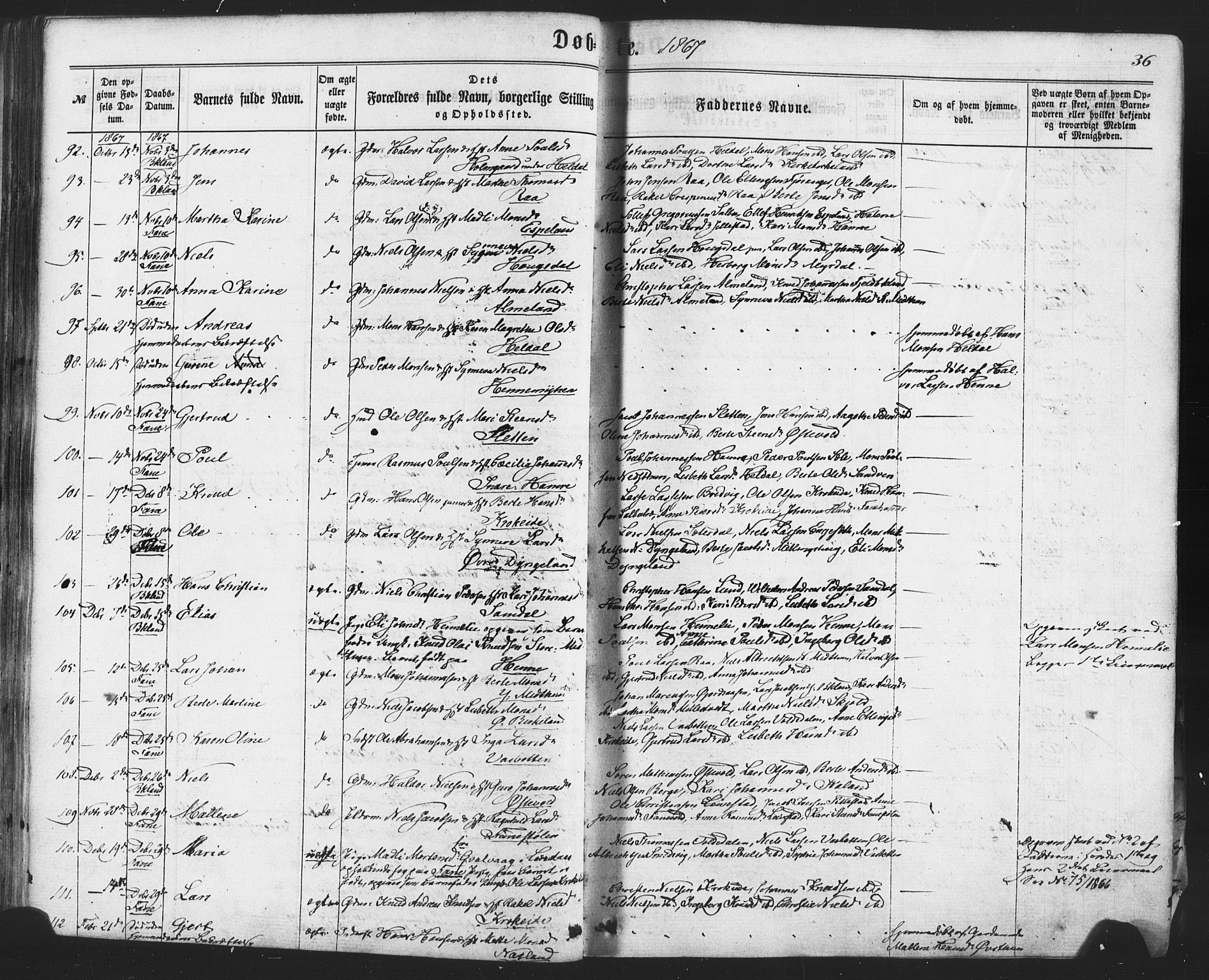 Fana Sokneprestembete, AV/SAB-A-75101/H/Haa/Haaa/L0012: Parish register (official) no. A 12, 1862-1878, p. 36