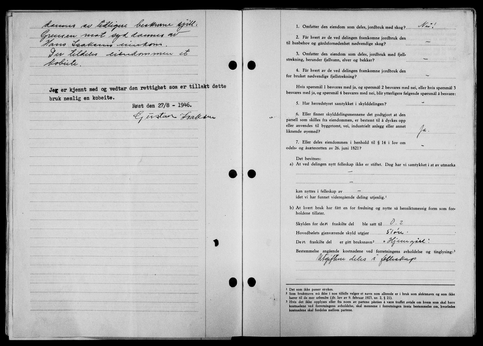 Lofoten sorenskriveri, SAT/A-0017/1/2/2C/L0014a: Mortgage book no. 14a, 1946-1946, Diary no: : 1205/1946