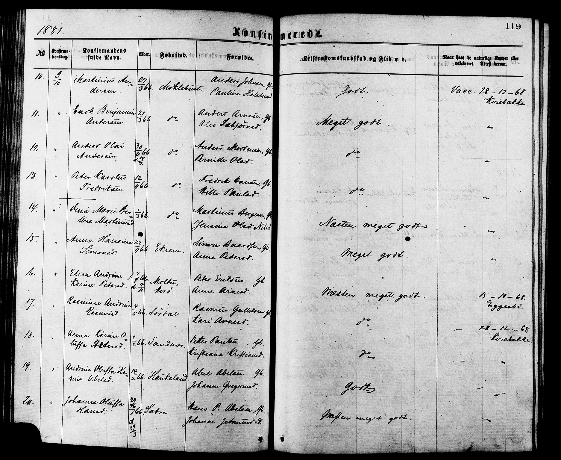 Ministerialprotokoller, klokkerbøker og fødselsregistre - Møre og Romsdal, SAT/A-1454/502/L0024: Parish register (official) no. 502A02, 1873-1884, p. 119