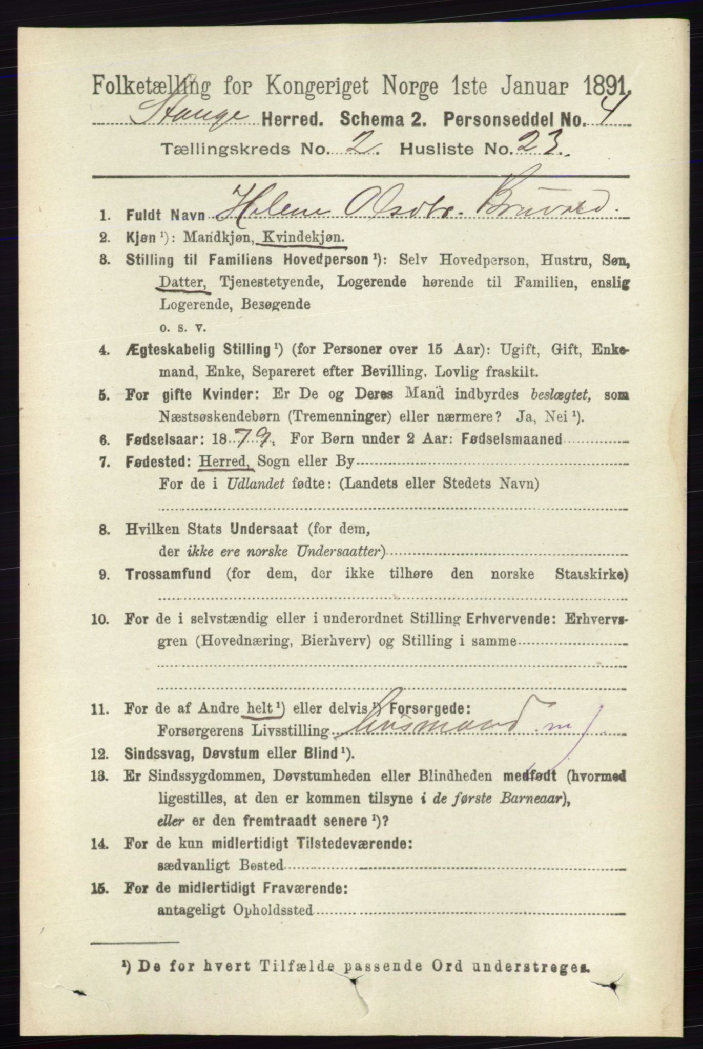 RA, 1891 census for 0417 Stange, 1891, p. 1062