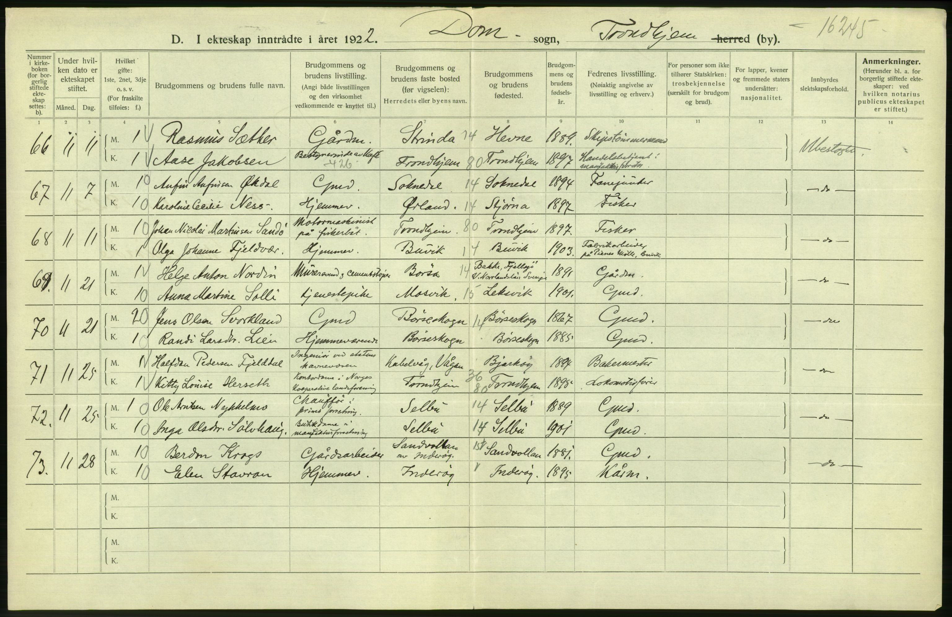 Statistisk sentralbyrå, Sosiodemografiske emner, Befolkning, AV/RA-S-2228/D/Df/Dfc/Dfcb/L0040: Trondheim: Gifte, døde, dødfødte., 1922, p. 74