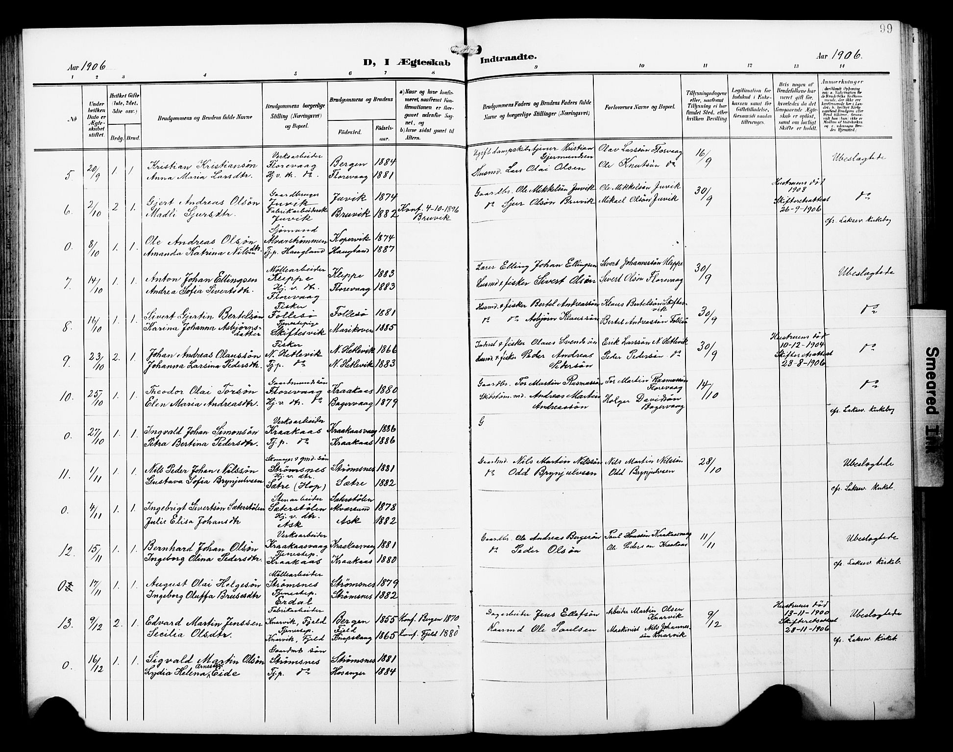 Askøy Sokneprestembete, AV/SAB-A-74101/H/Ha/Hab/Haba/L0014: Parish register (copy) no. A 14, 1904-1927, p. 99