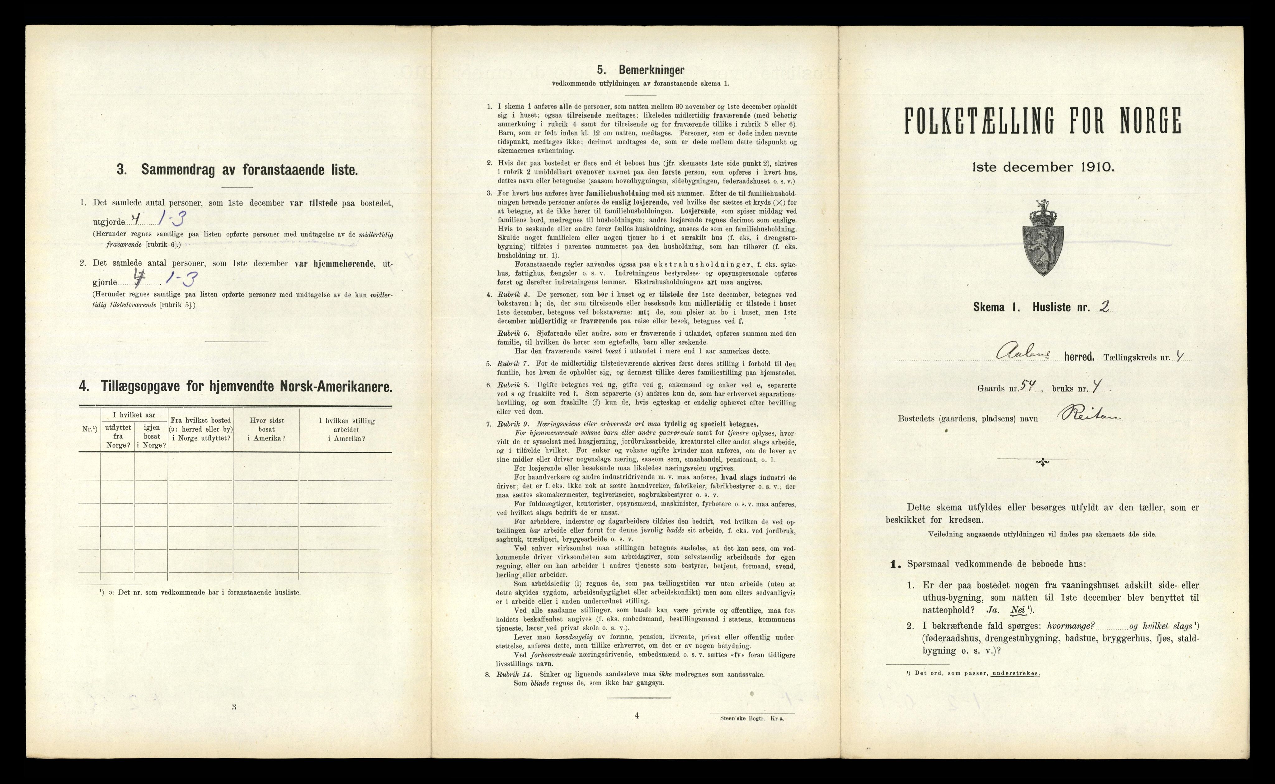 RA, 1910 census for Ålen, 1910, p. 315