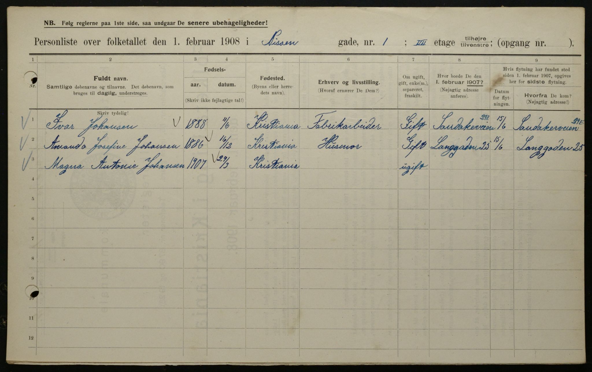OBA, Municipal Census 1908 for Kristiania, 1908, p. 63830