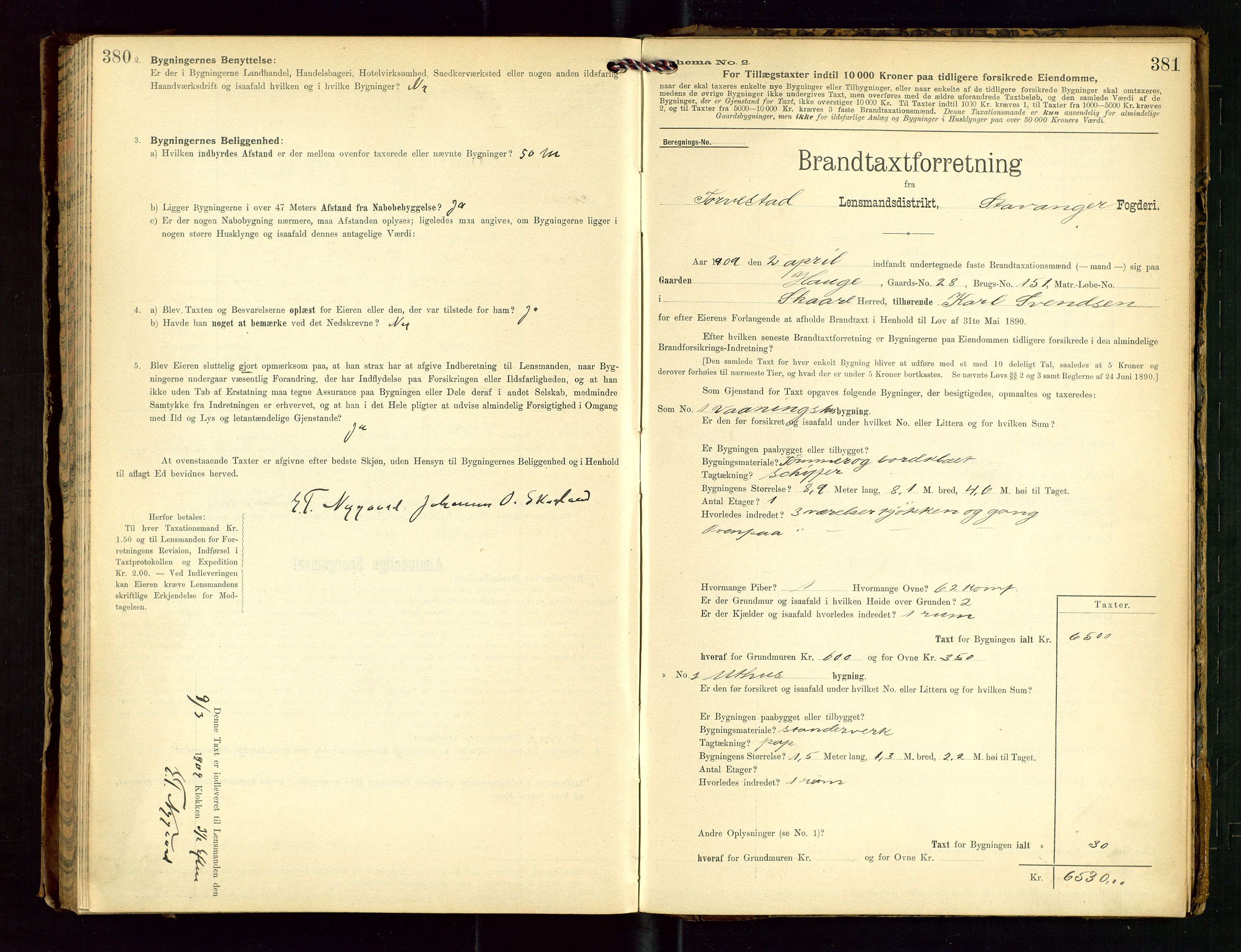 Torvestad lensmannskontor, SAST/A-100307/1/Gob/L0003: "Brandtaxationsprotokol for Torvestad Lensmannsdistrikt", 1905-1909, p. 380-381