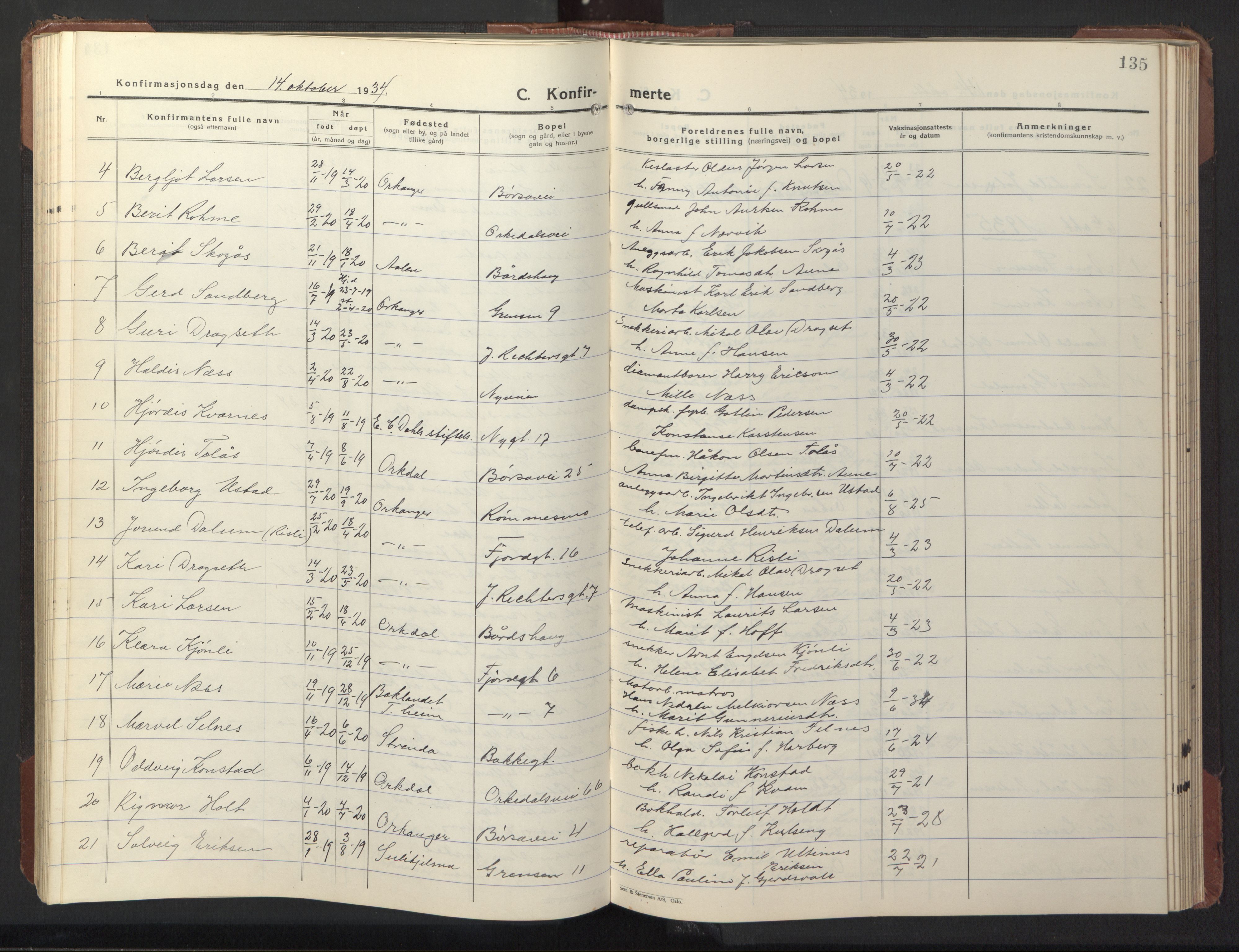 Ministerialprotokoller, klokkerbøker og fødselsregistre - Sør-Trøndelag, SAT/A-1456/669/L0832: Parish register (copy) no. 669C02, 1925-1953, p. 135