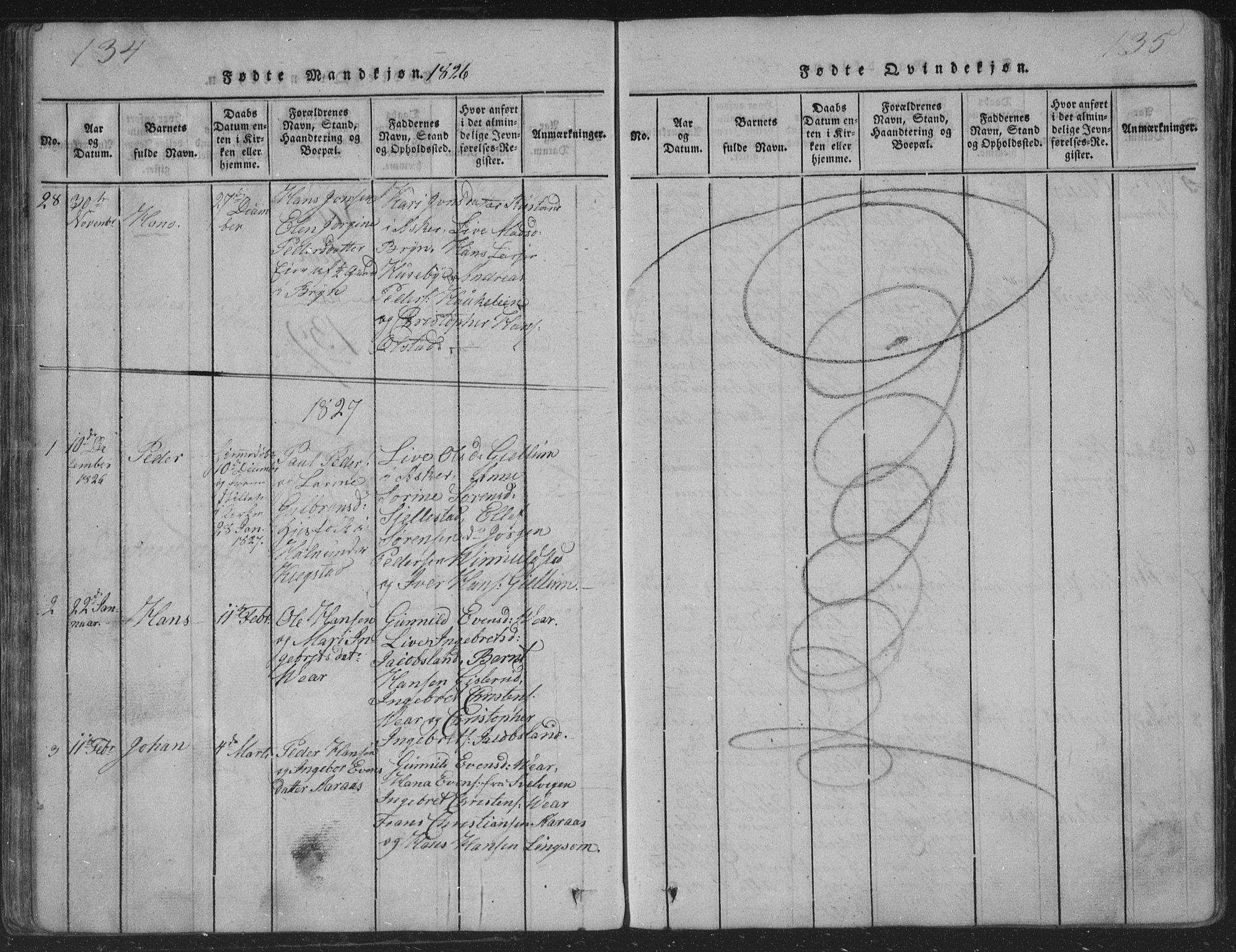 Røyken kirkebøker, SAKO/A-241/G/Ga/L0003: Parish register (copy) no. 3, 1814-1856, p. 134-135