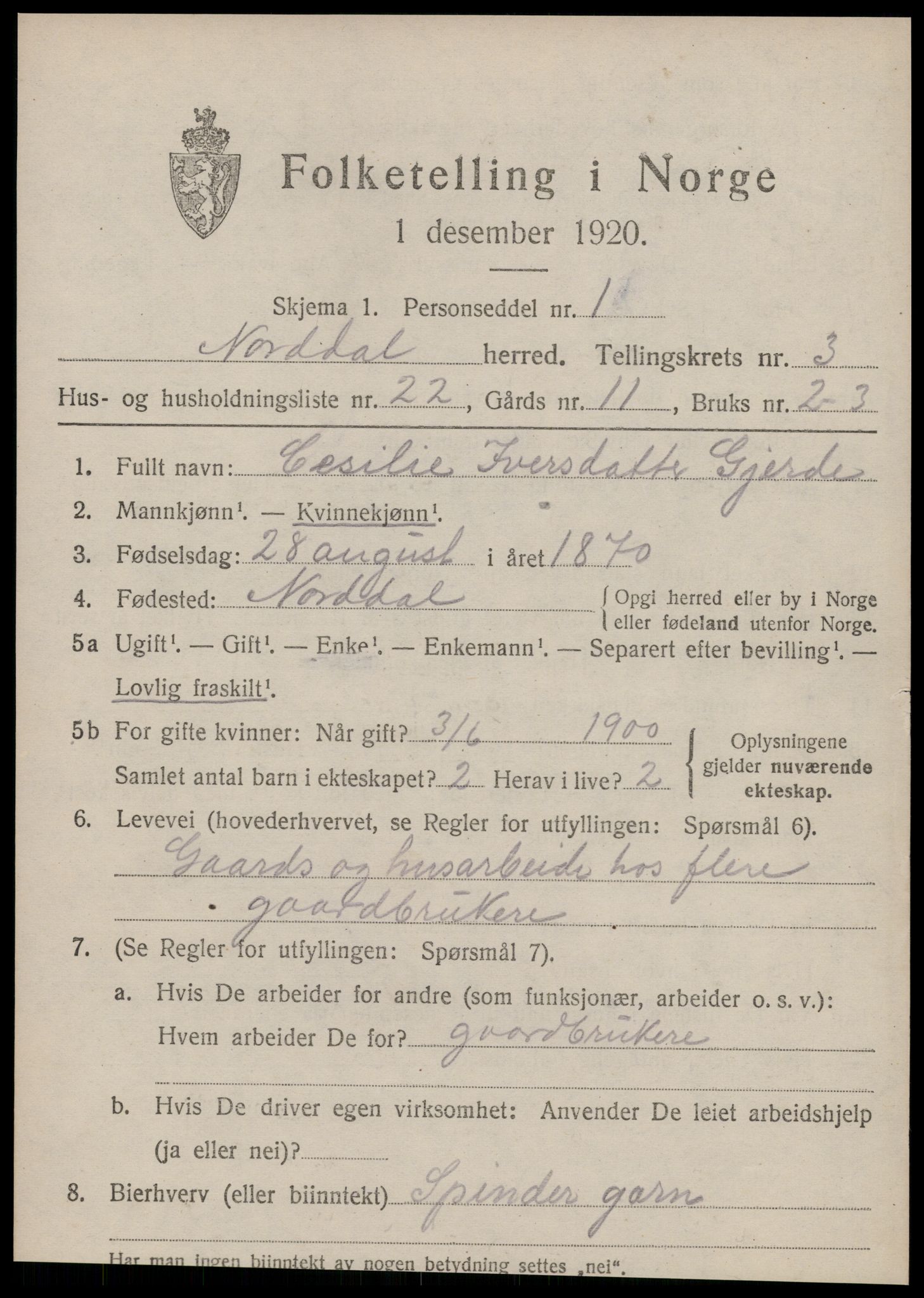 SAT, 1920 census for Norddal, 1920, p. 2493