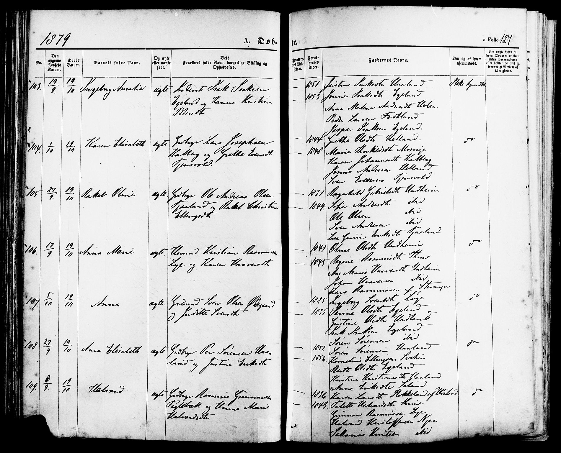 Lye sokneprestkontor, AV/SAST-A-101794/001/30BA/L0008: Parish register (official) no. A 7, 1872-1881, p. 127