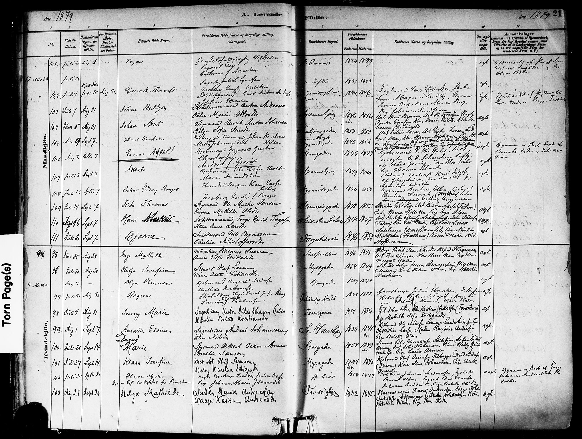 Fredrikstad domkirkes prestekontor Kirkebøker, SAO/A-10906/F/Fa/L0002: Parish register (official) no. 2, 1878-1894, p. 21
