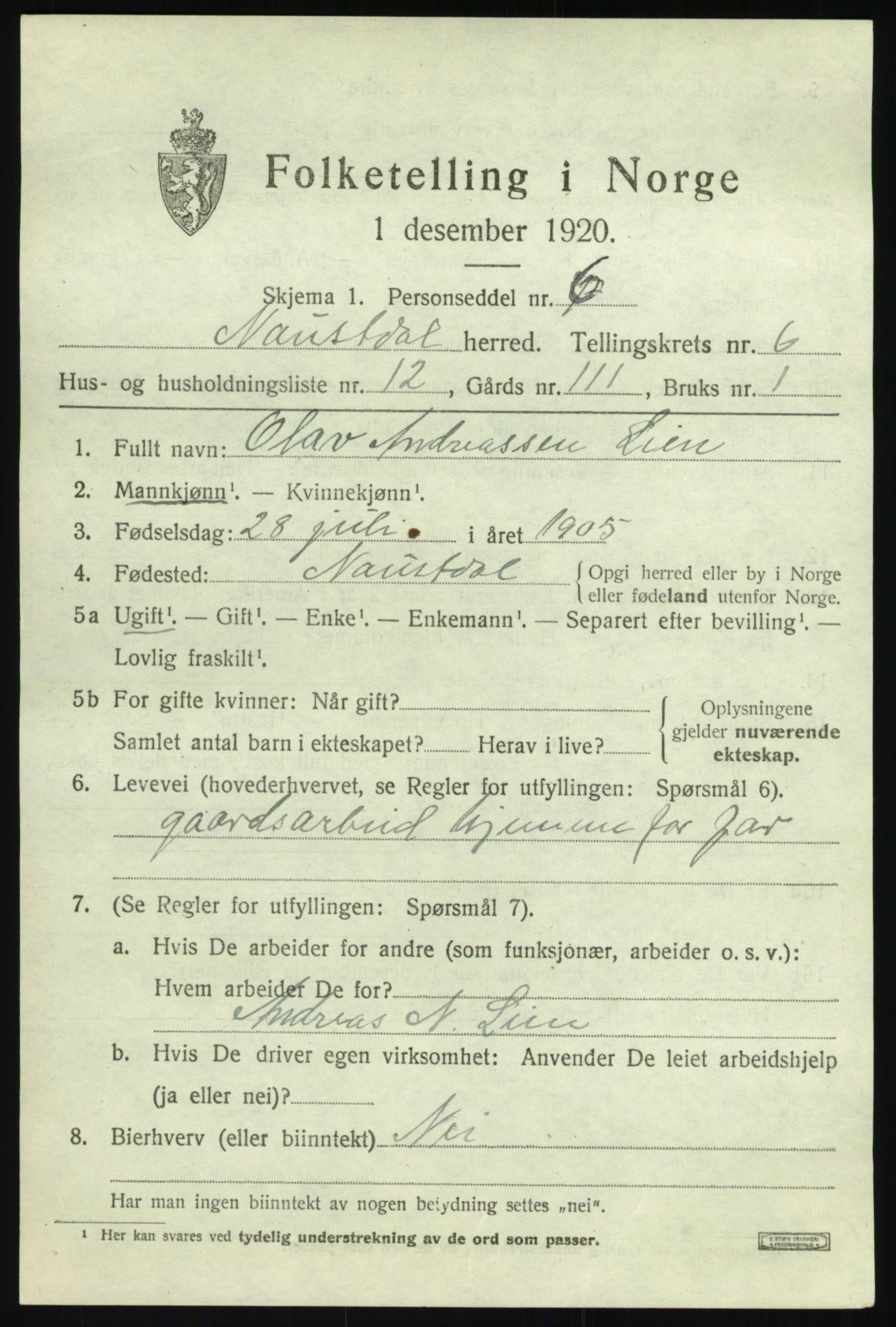 SAB, 1920 census for Naustdal, 1920, p. 3817