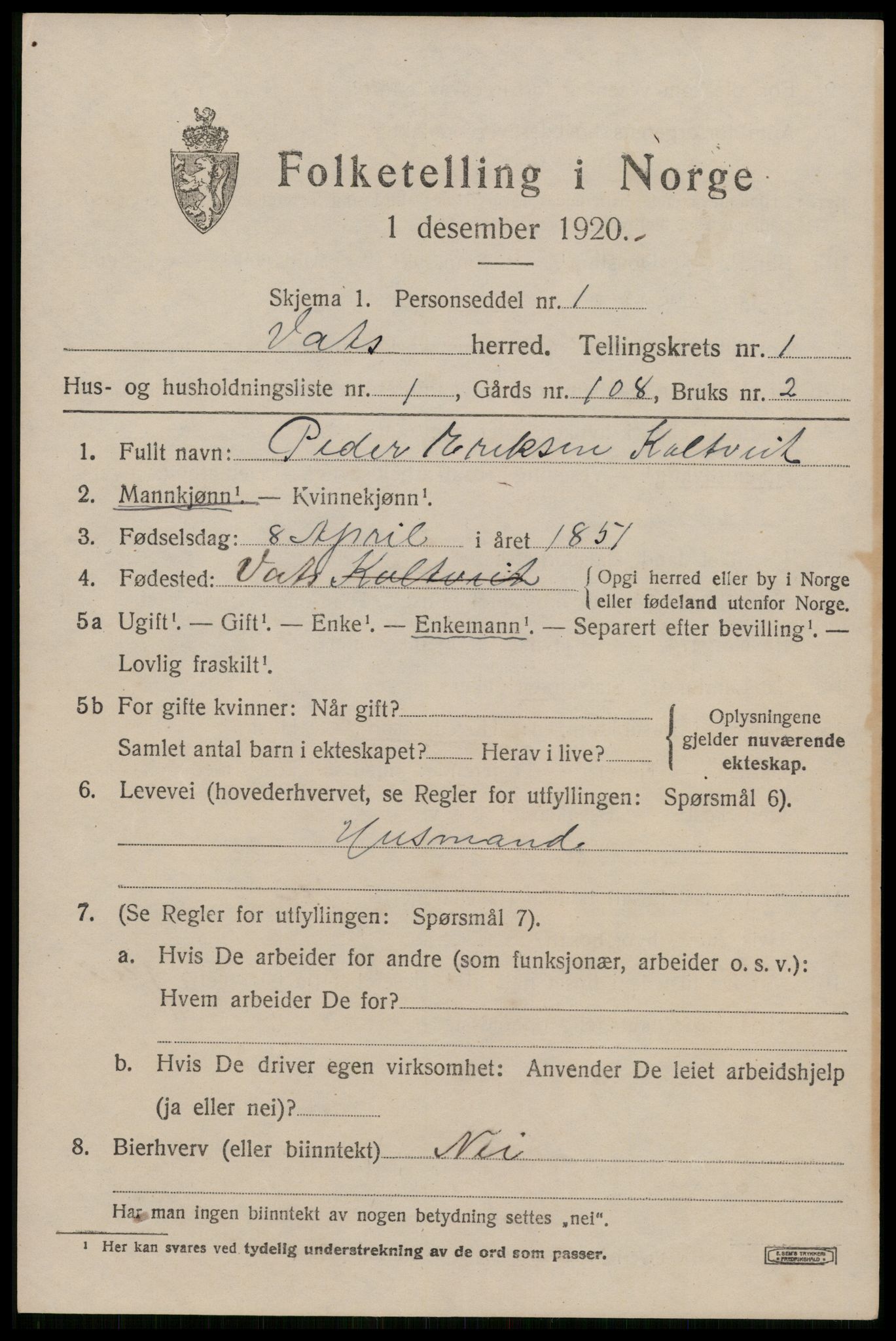 SAST, 1920 census for Vats, 1920, p. 503