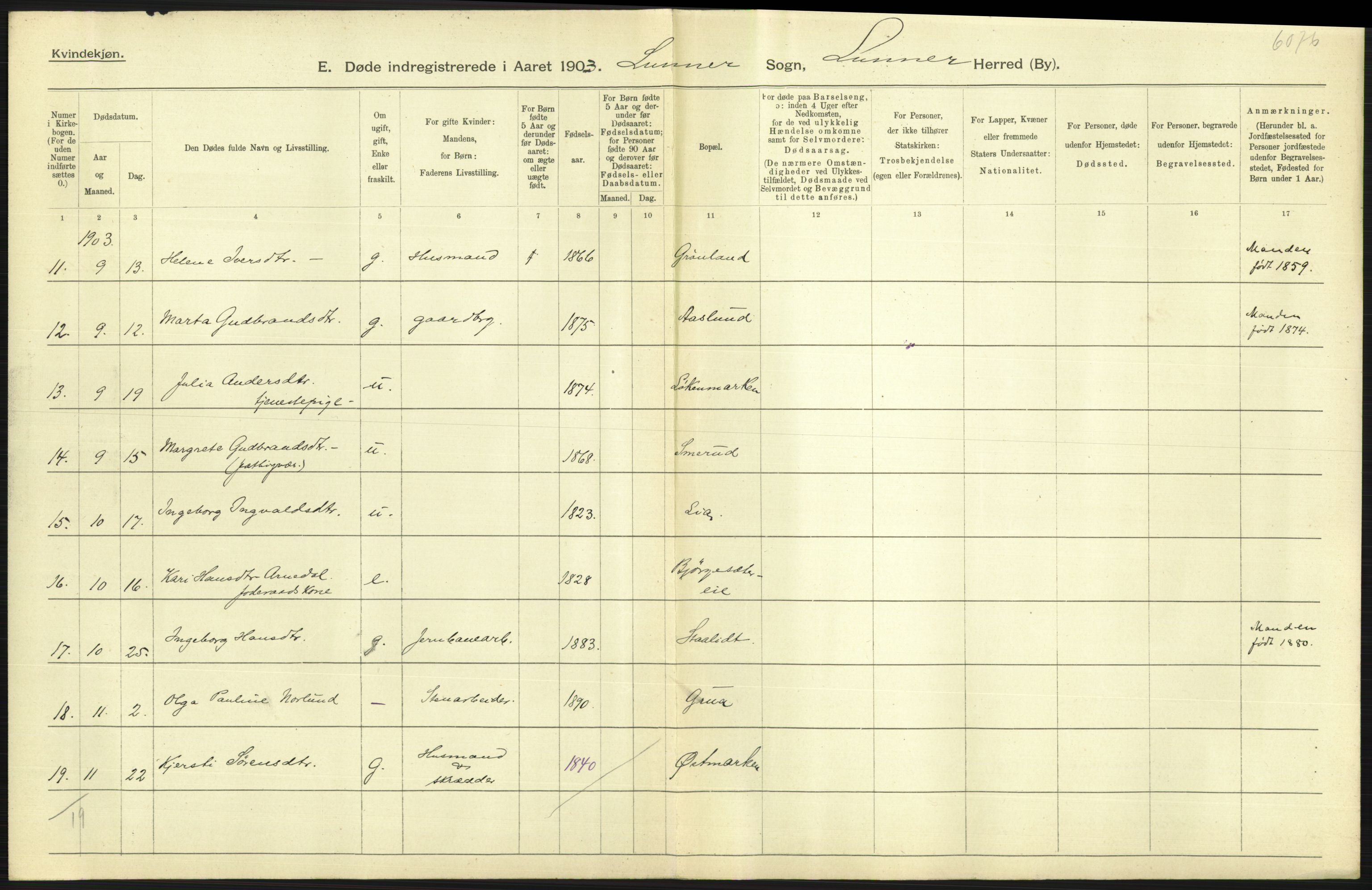 Statistisk sentralbyrå, Sosiodemografiske emner, Befolkning, AV/RA-S-2228/D/Df/Dfa/Dfaa/L0006: Kristians amt: Fødte, gifte, døde, 1903, p. 599