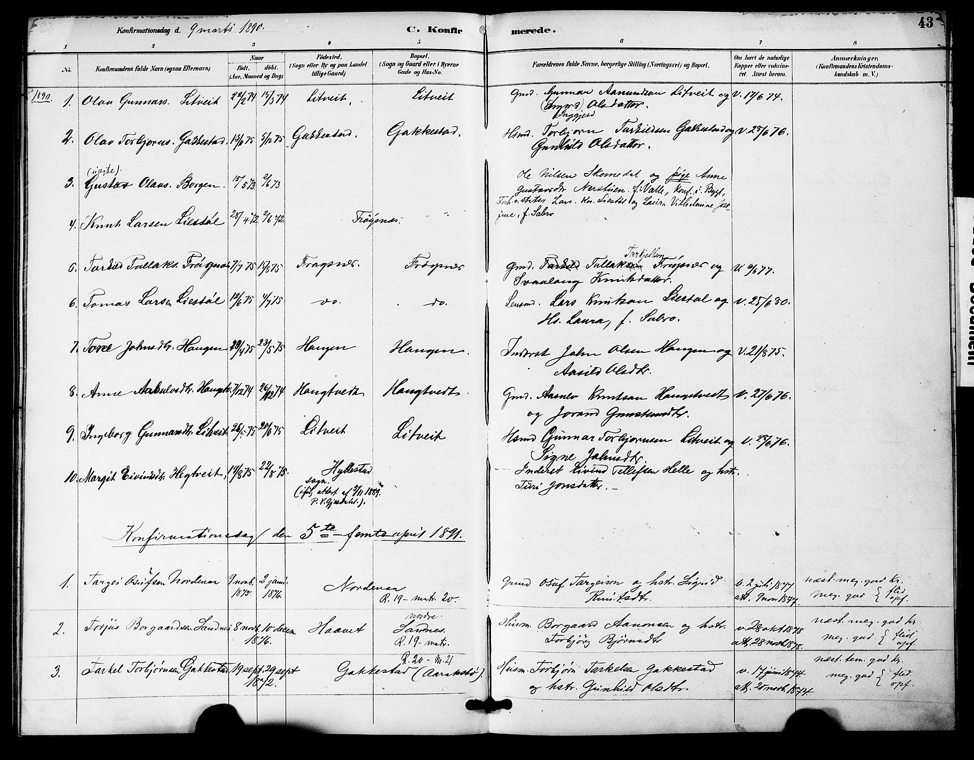 Bygland sokneprestkontor, SAK/1111-0006/F/Fa/Fac/L0001: Parish register (official) no. A 1, 1885-1909, p. 43