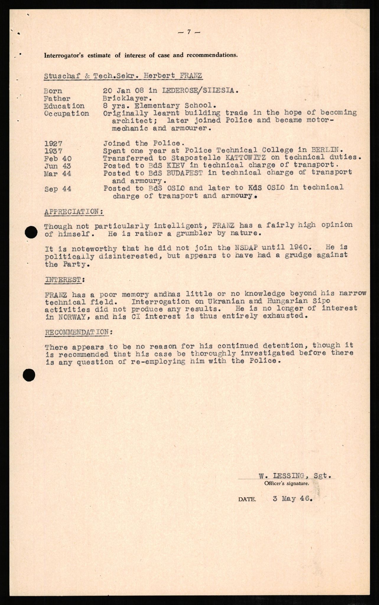Forsvaret, Forsvarets overkommando II, RA/RAFA-3915/D/Db/L0008: CI Questionaires. Tyske okkupasjonsstyrker i Norge. Tyskere., 1945-1946, p. 245