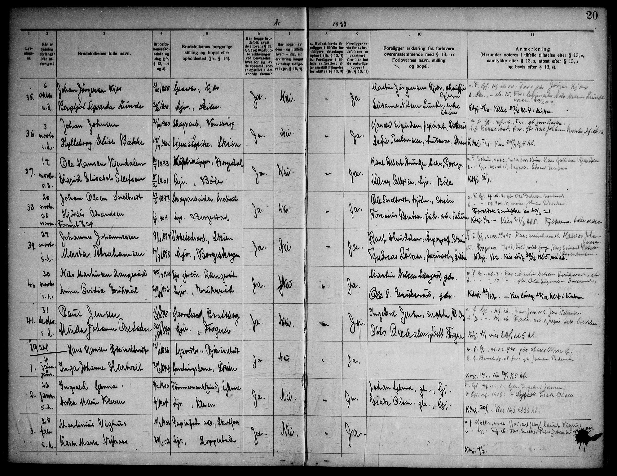 Gjerpen kirkebøker, SAKO/A-265/H/Ha/L0003: Banns register no. I 3, 1919-1946, p. 20