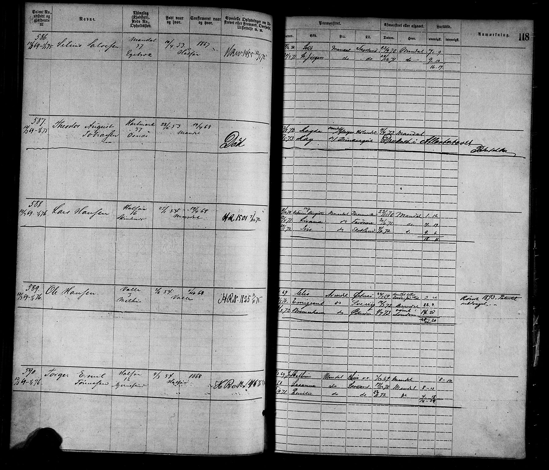 Mandal mønstringskrets, AV/SAK-2031-0016/F/Fa/L0001: Annotasjonsrulle nr 1-1920 med register, L-3, 1869-1881, p. 147