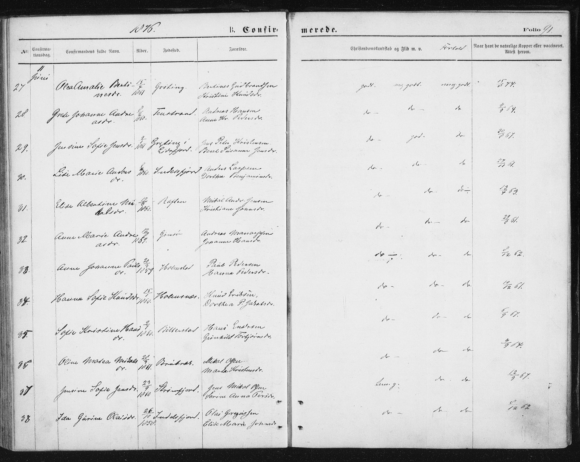 Ministerialprotokoller, klokkerbøker og fødselsregistre - Nordland, AV/SAT-A-1459/888/L1243: Parish register (official) no. 888A09, 1876-1879, p. 91