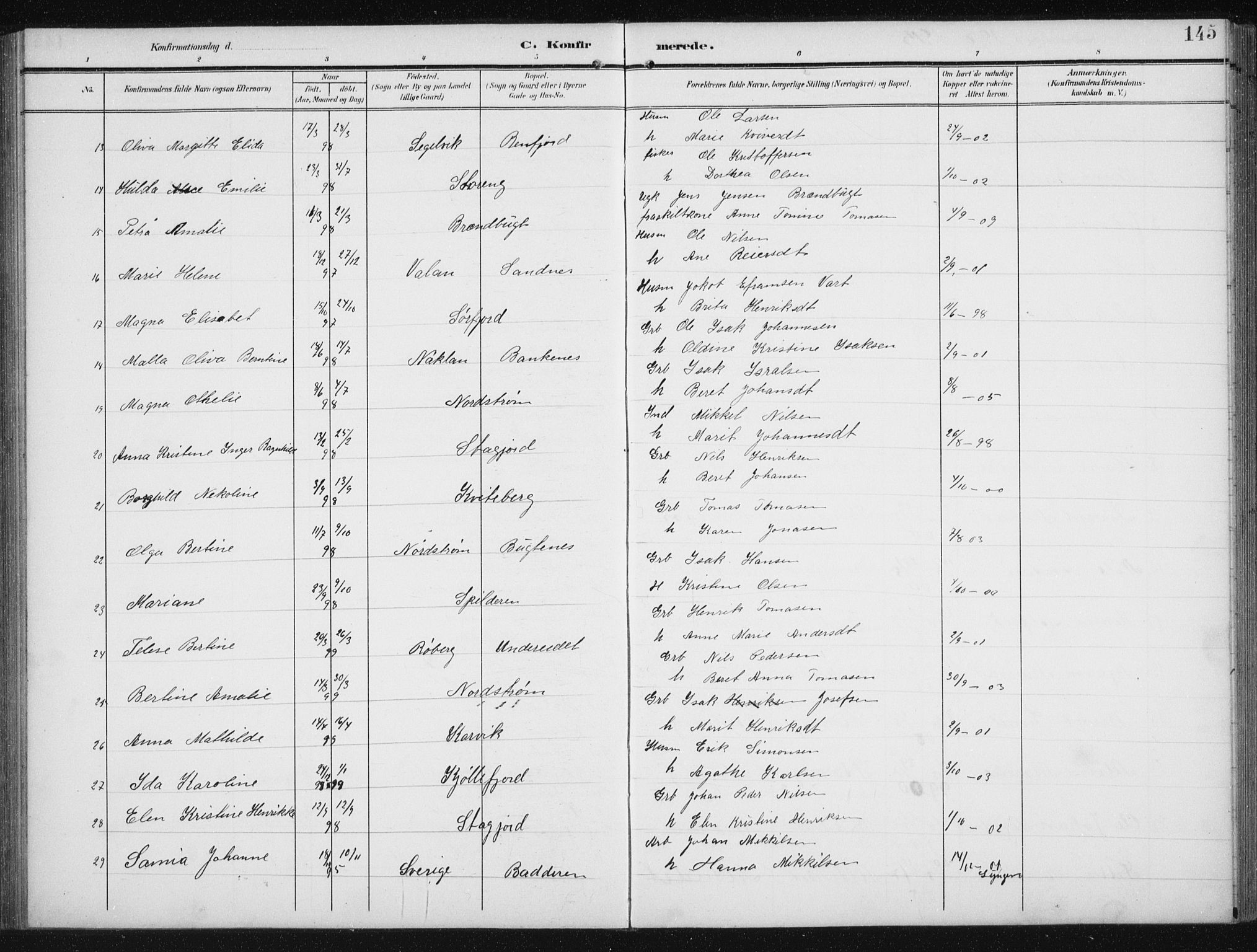 Skjervøy sokneprestkontor, AV/SATØ-S-1300/H/Ha/Hab/L0017klokker: Parish register (copy) no. 17, 1906-1941, p. 145