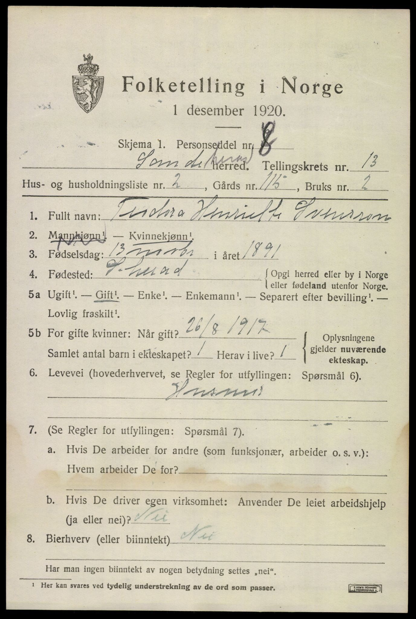 SAKO, 1920 census for Sandeherred, 1920, p. 19126
