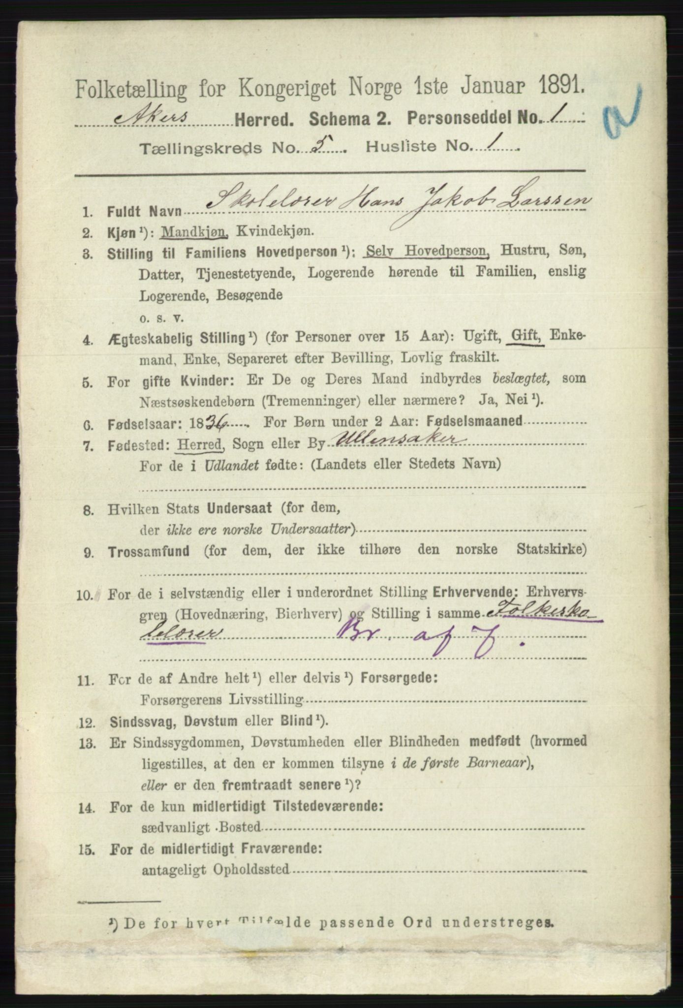 RA, 1891 census for 0218 Aker, 1891, p. 4971