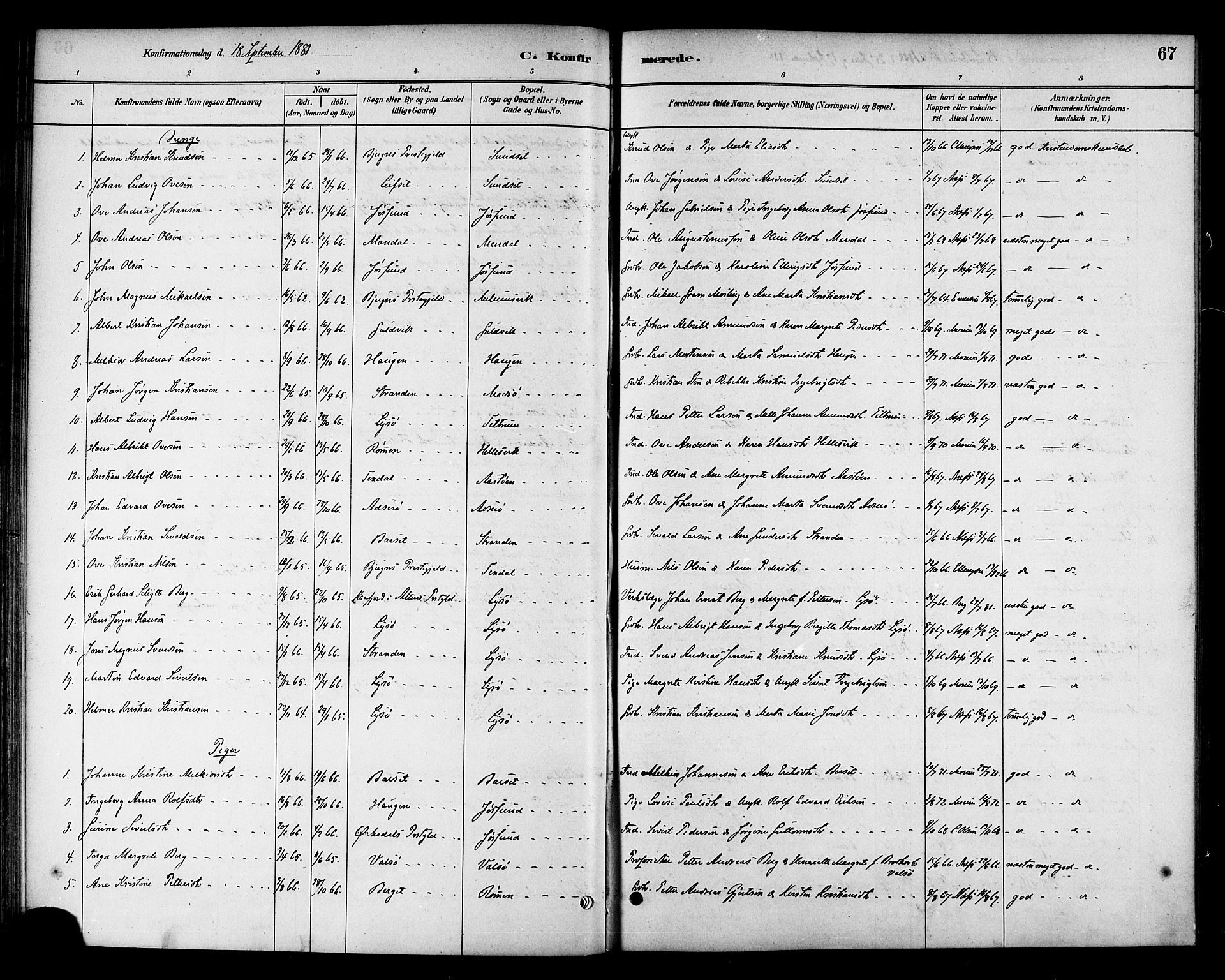 Ministerialprotokoller, klokkerbøker og fødselsregistre - Sør-Trøndelag, SAT/A-1456/654/L0663: Parish register (official) no. 654A01, 1880-1894, p. 67