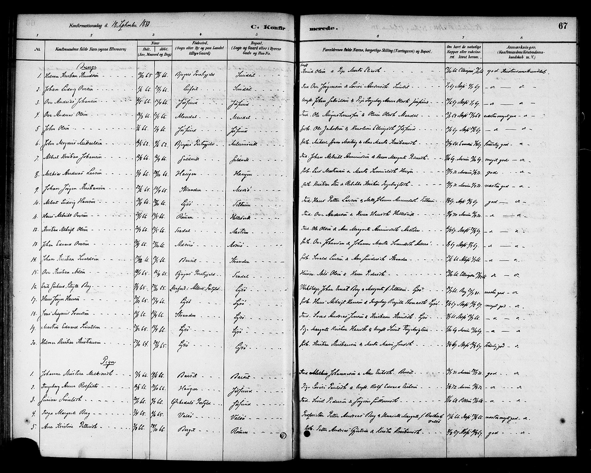 Ministerialprotokoller, klokkerbøker og fødselsregistre - Sør-Trøndelag, AV/SAT-A-1456/654/L0663: Parish register (official) no. 654A01, 1880-1894, p. 67