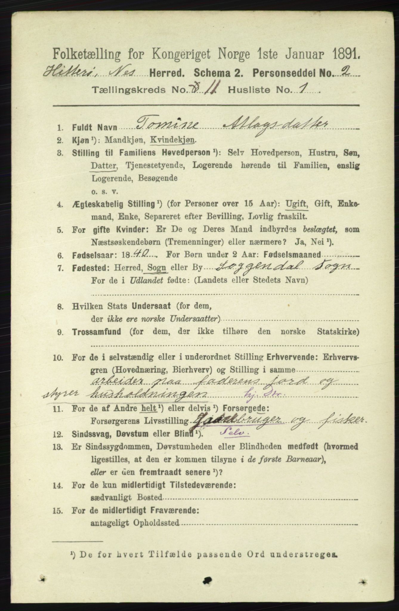 RA, 1891 census for 1043 Hidra og Nes, 1891, p. 4460