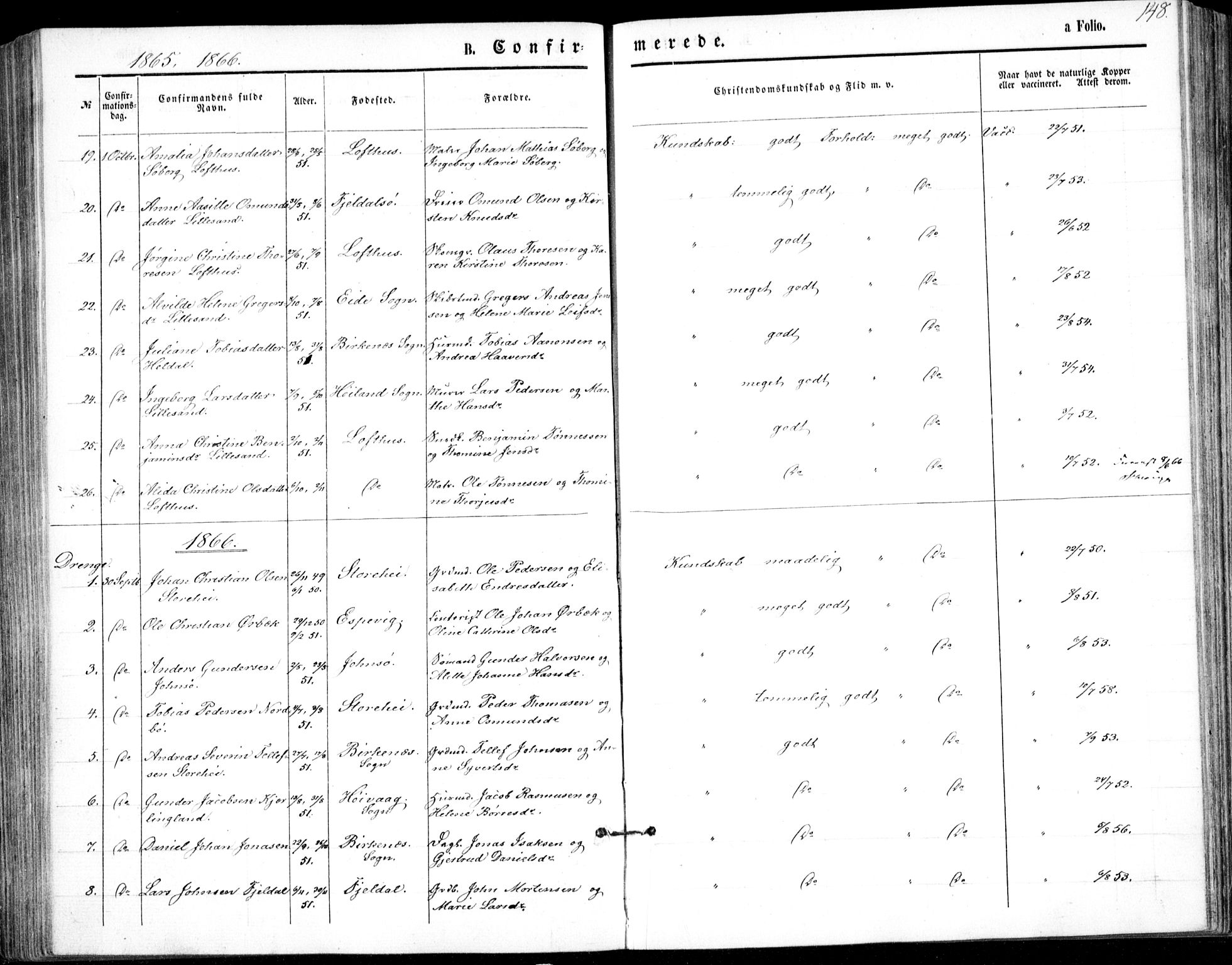Vestre Moland sokneprestkontor, SAK/1111-0046/F/Fb/Fbb/L0004: Parish register (copy) no. B 4, 1861-1872, p. 148