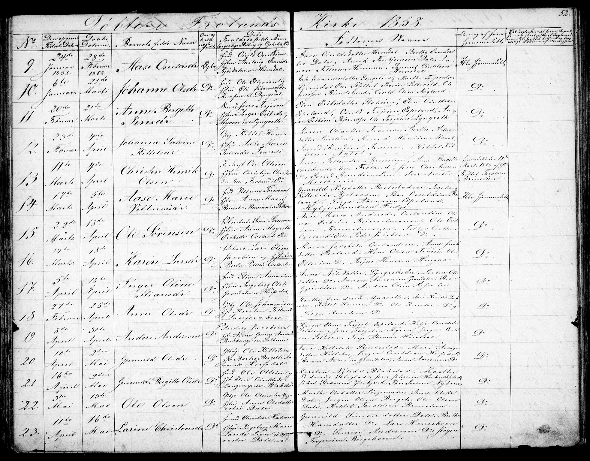 Froland sokneprestkontor, AV/SAK-1111-0013/F/Fb/L0008: Parish register (copy) no. B 8, 1843-1875, p. 52