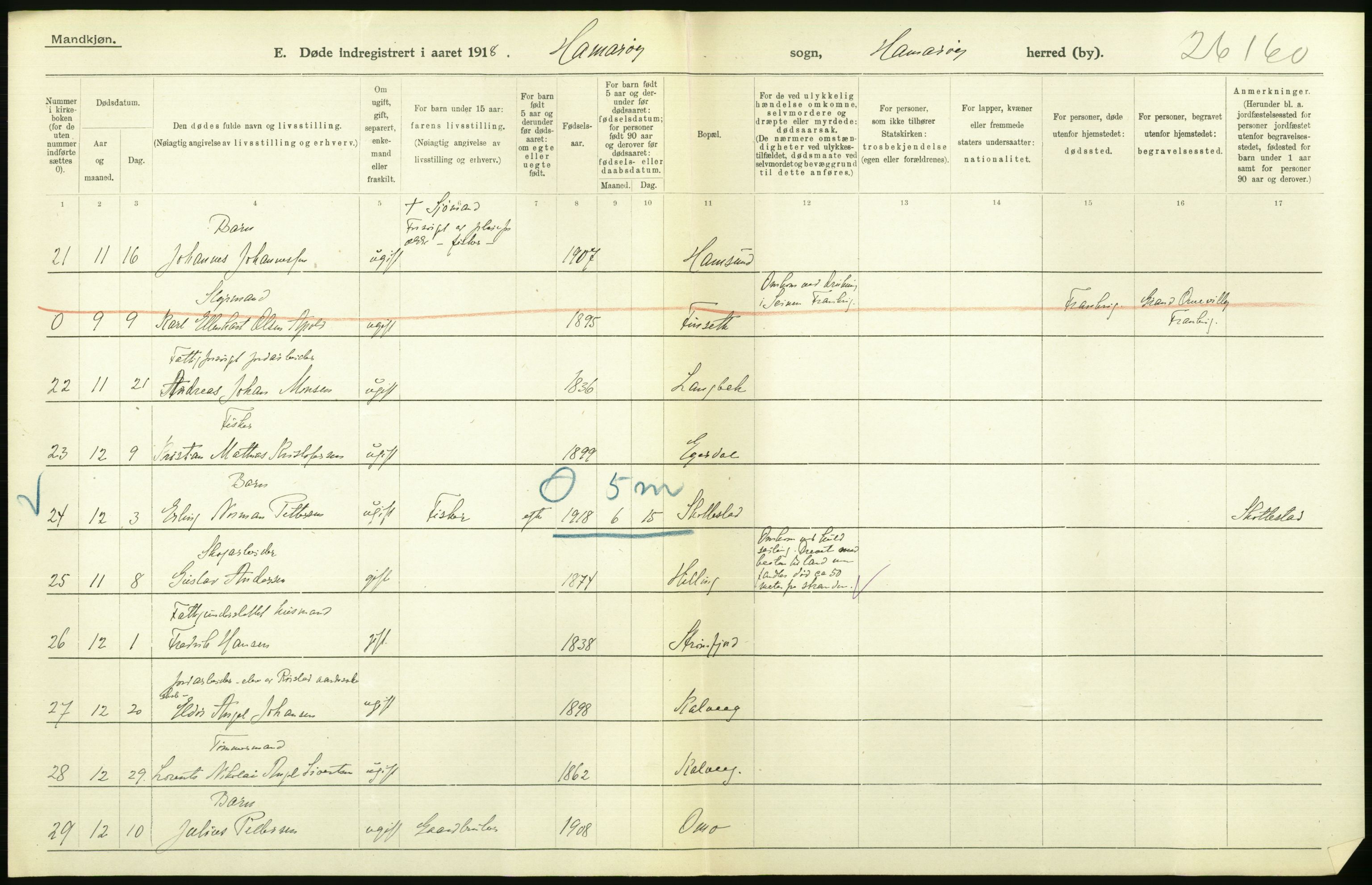 Statistisk sentralbyrå, Sosiodemografiske emner, Befolkning, AV/RA-S-2228/D/Df/Dfb/Dfbh/L0055: Nordland fylke: Døde. Bygder og byer., 1918, p. 360