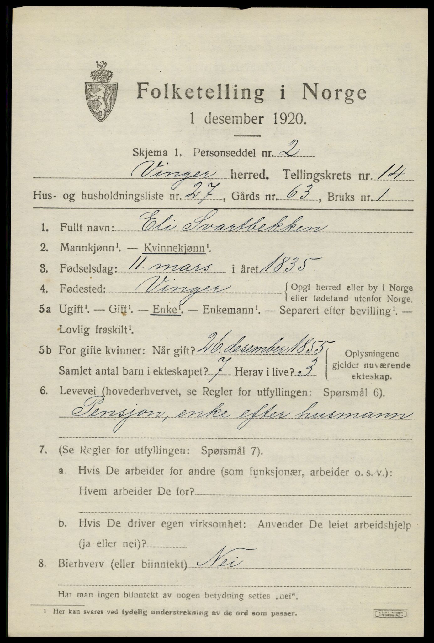 SAH, 1920 census for Vinger, 1920, p. 11678