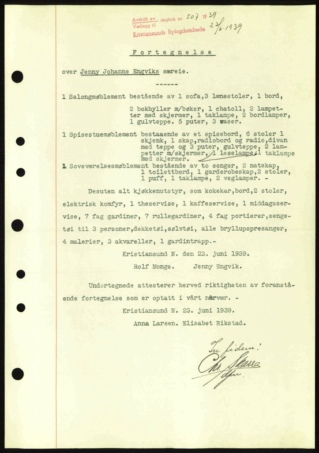 Kristiansund byfogd, AV/SAT-A-4587/A/27: Mortgage book no. 31, 1938-1939, Diary no: : 507/1939
