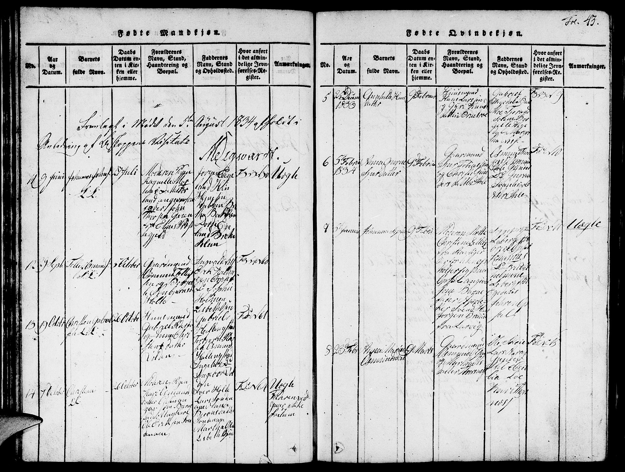 Vikedal sokneprestkontor, SAST/A-101840/01/V: Parish register (copy) no. B 1, 1816-1853, p. 43