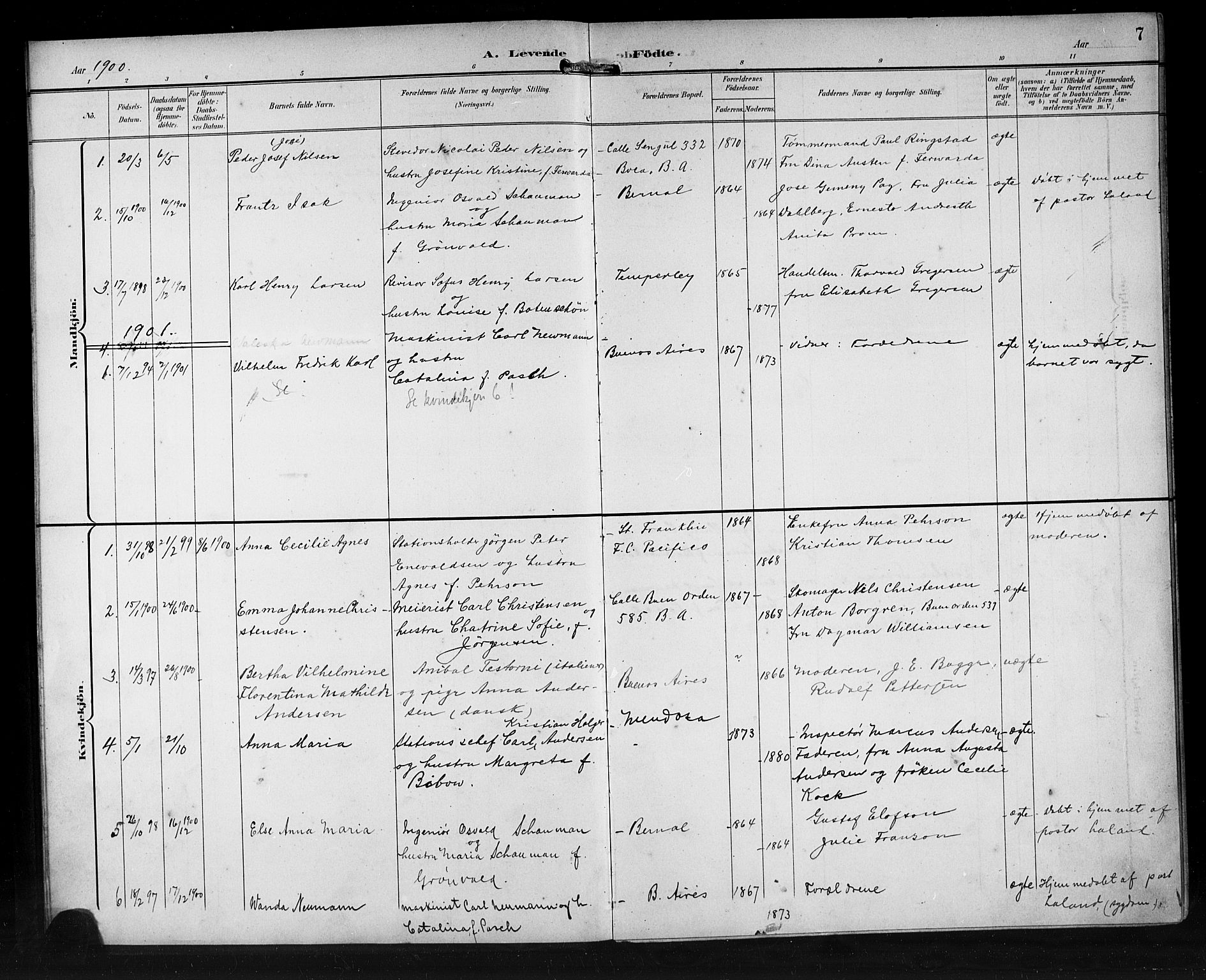 Den norske sjømannsmisjon i utlandet/Syd-Amerika (Buenos Aires m.fl.), SAB/SAB/PA-0118/H/Ha/L0002: Parish register (official) no. A 2, 1899-1919, p. 7