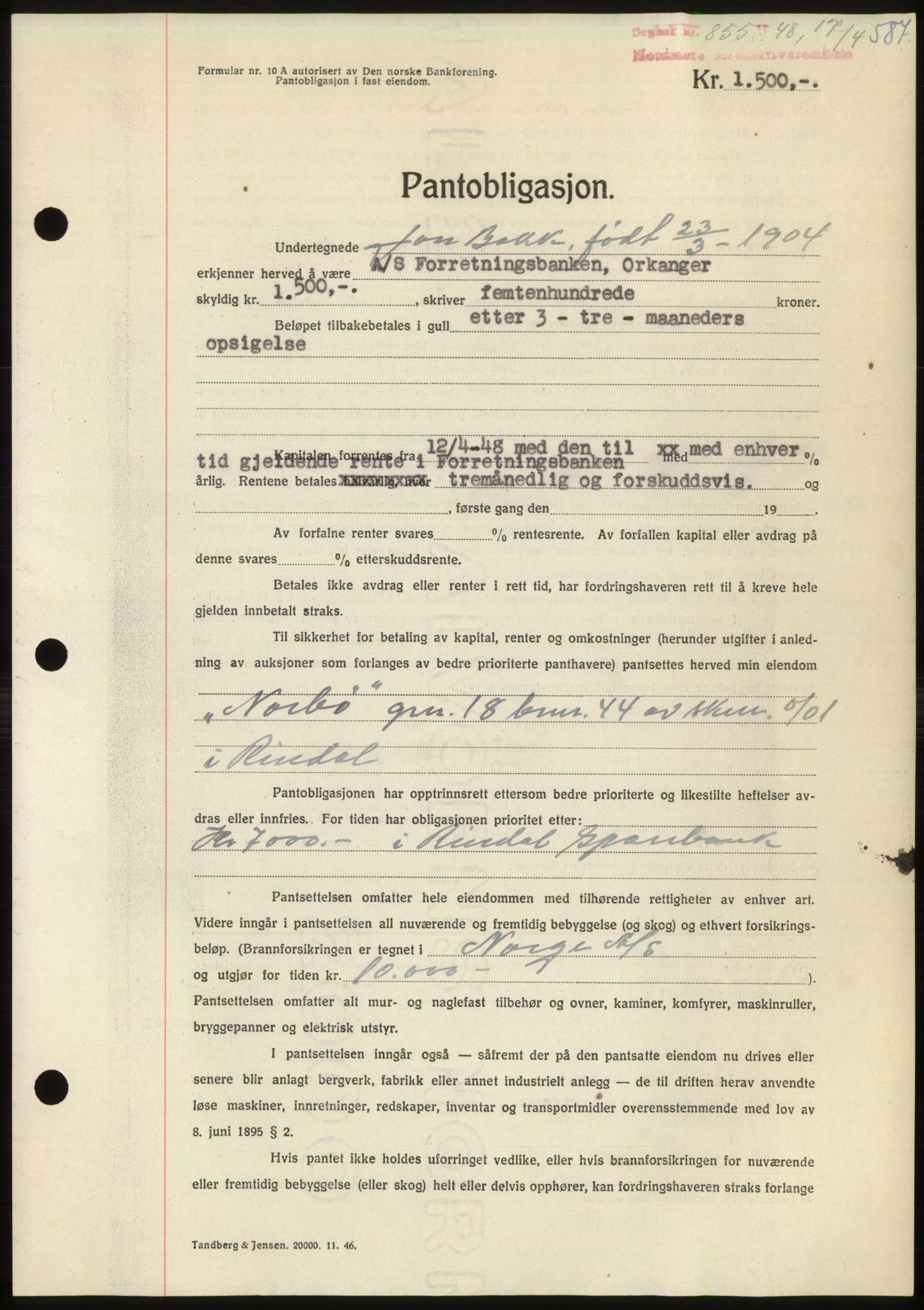 Nordmøre sorenskriveri, AV/SAT-A-4132/1/2/2Ca: Mortgage book no. B98, 1948-1948, Diary no: : 855/1948