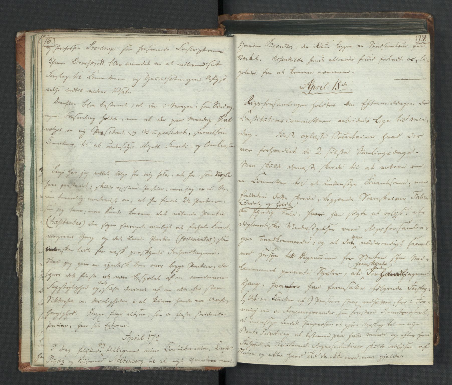 Manuskriptsamlingen, RA/EA-3667/H/L0021: Byfogd Gregers Winther Wulfbergs dagbok under Riksforsamlingen på Eidsvoll, 1814, p. 16-17