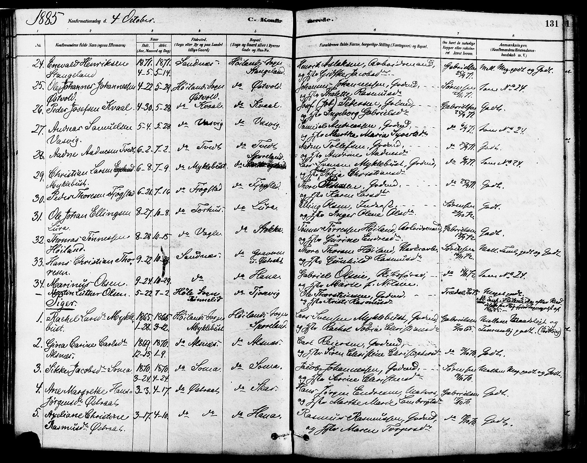 Høyland sokneprestkontor, AV/SAST-A-101799/001/30BA/L0011: Parish register (official) no. A 10, 1878-1888, p. 131