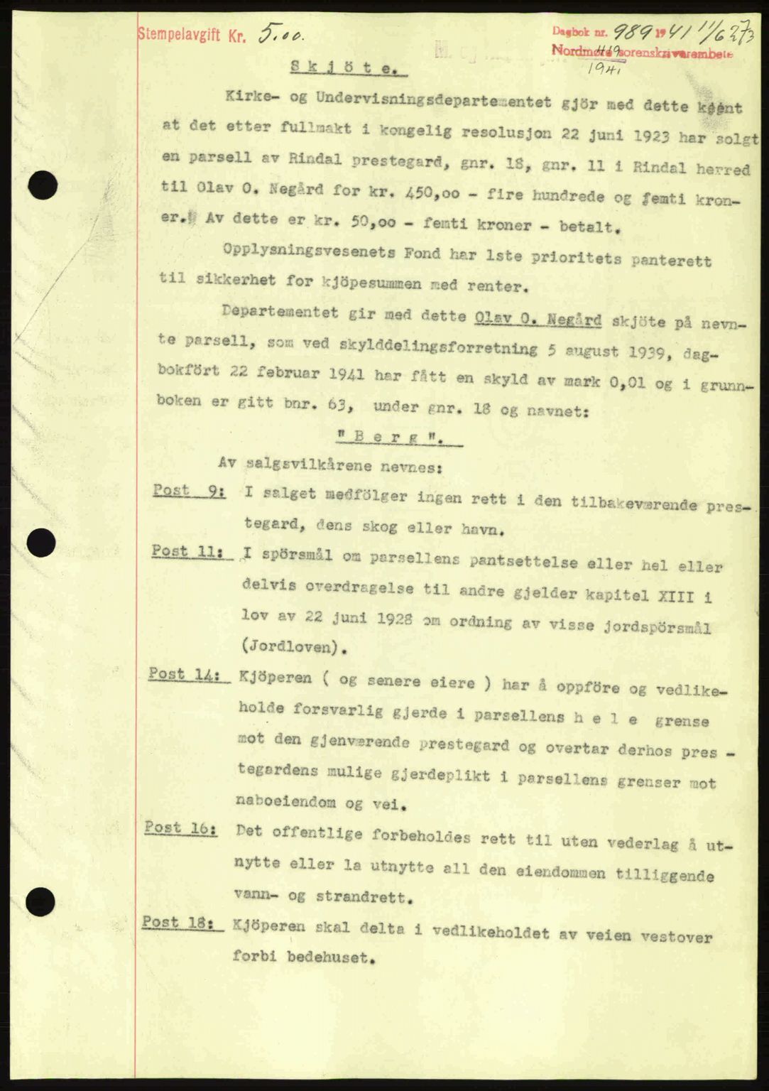Nordmøre sorenskriveri, SAT/A-4132/1/2/2Ca: Mortgage book no. A90, 1941-1941, Diary no: : 989/1941