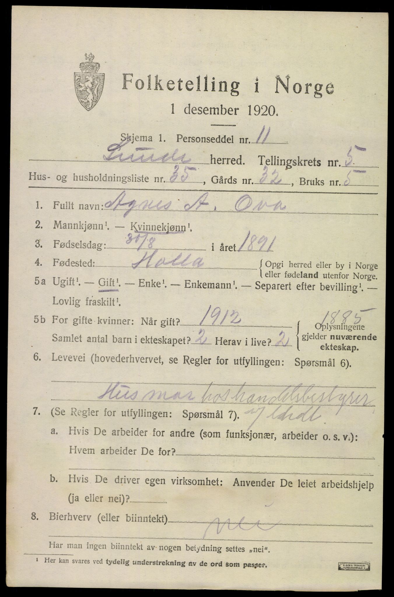 SAKO, 1920 census for Lunde, 1920, p. 3837