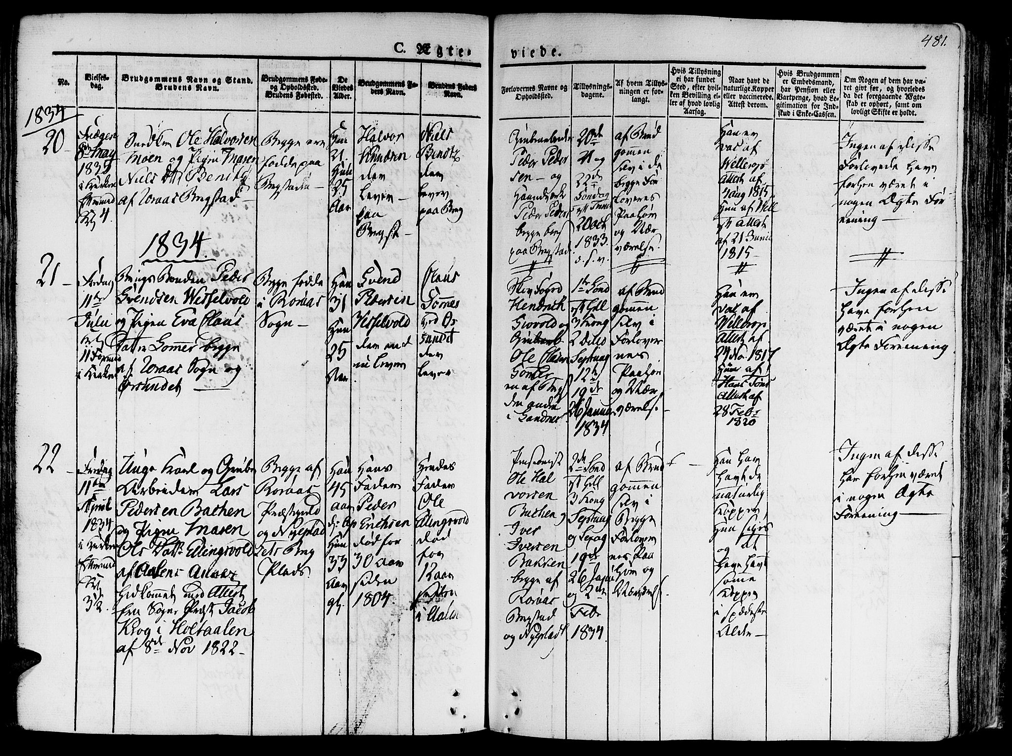 Ministerialprotokoller, klokkerbøker og fødselsregistre - Sør-Trøndelag, SAT/A-1456/681/L0930: Parish register (official) no. 681A08, 1829-1844, p. 481