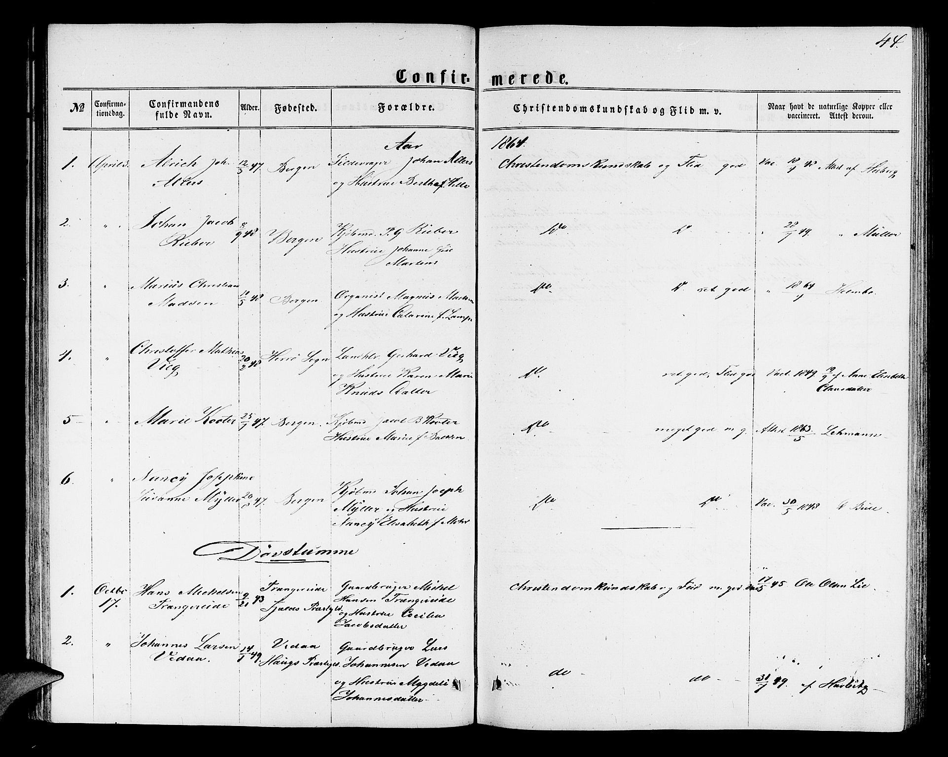 Mariakirken Sokneprestembete, SAB/A-76901/H/Hab/L0003: Parish register (copy) no. A 3, 1862-1877, p. 44