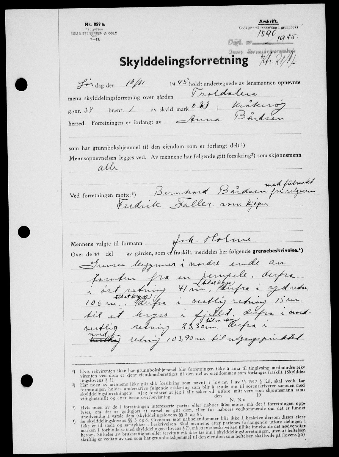 Onsøy sorenskriveri, SAO/A-10474/G/Ga/Gab/L0015: Mortgage book no. II A-15, 1945-1946, Diary no: : 1590/1945