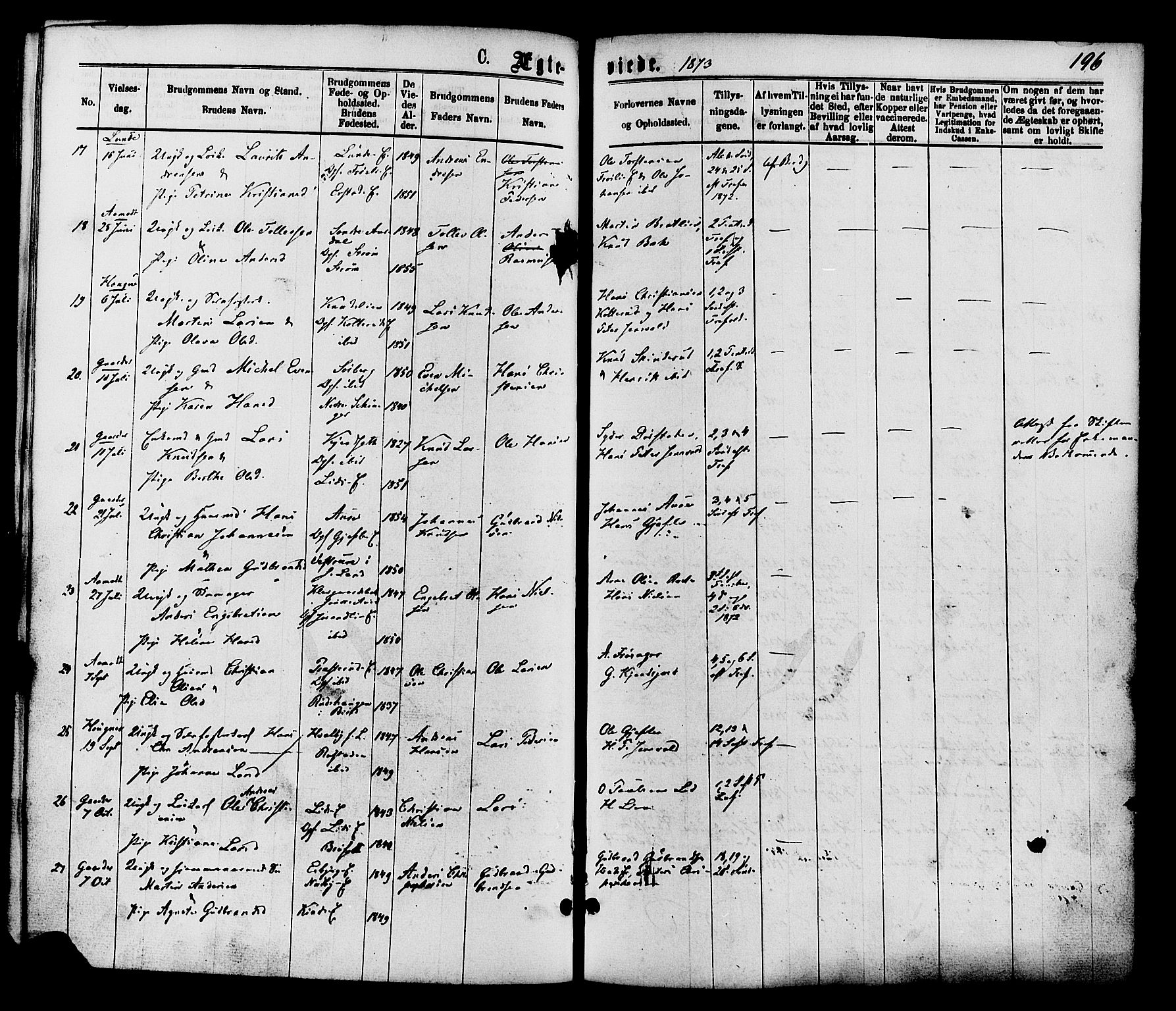 Nordre Land prestekontor, SAH/PREST-124/H/Ha/Haa/L0002: Parish register (official) no. 2, 1872-1881, p. 196